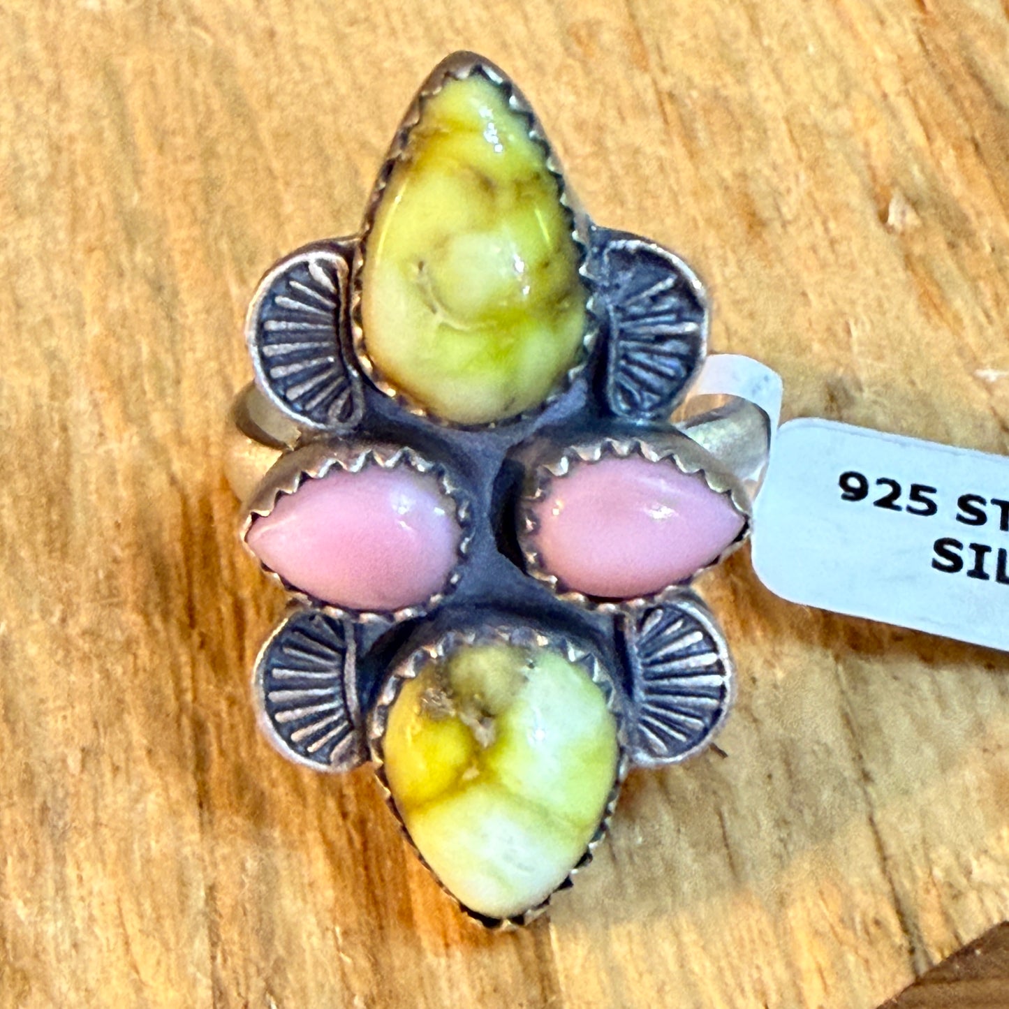 Pink Conch and Palomino Four Gemstones Adjustable Ring in Sterling Silver