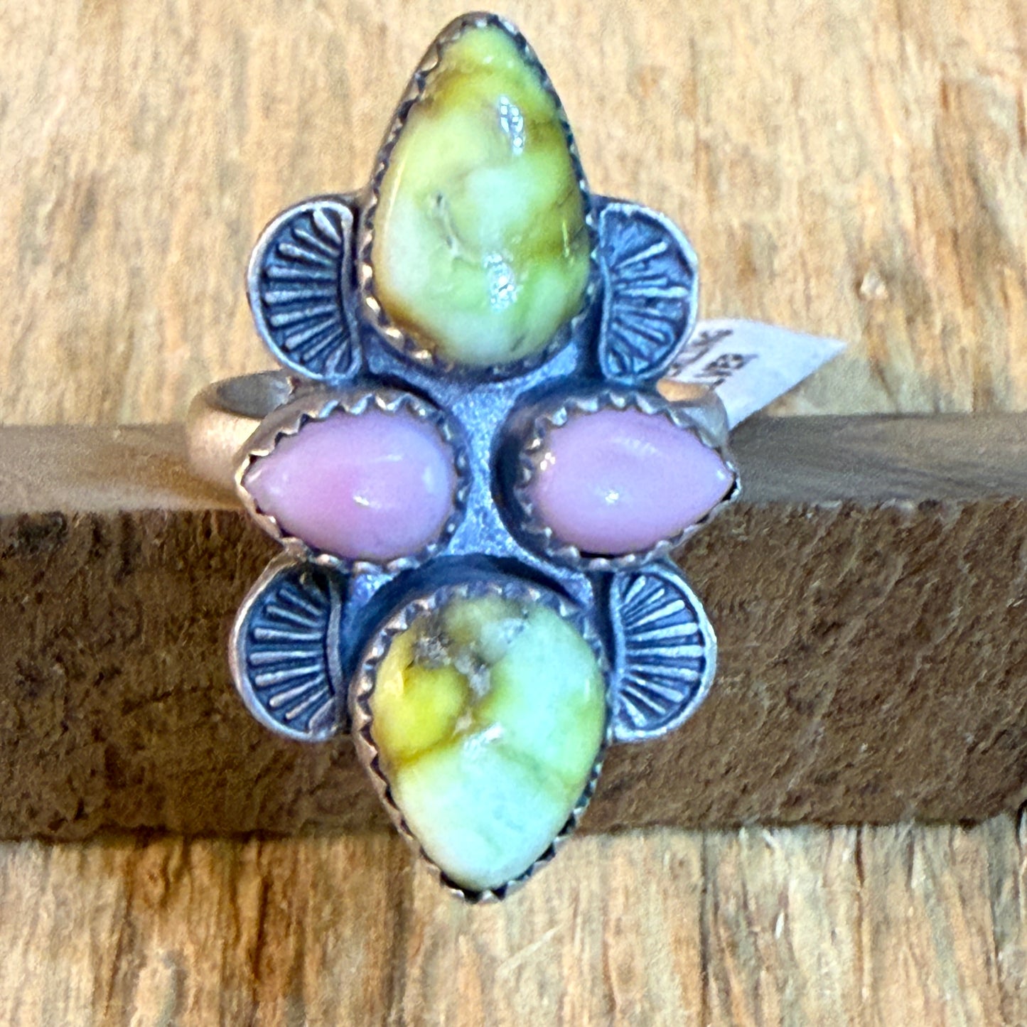Pink Conch and Palomino Four Gemstones Adjustable Ring in Sterling Silver