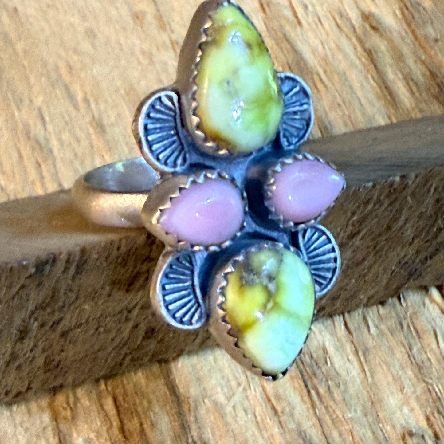 Pink Conch and Palomino Four Gemstones Adjustable Ring in Sterling Silver
