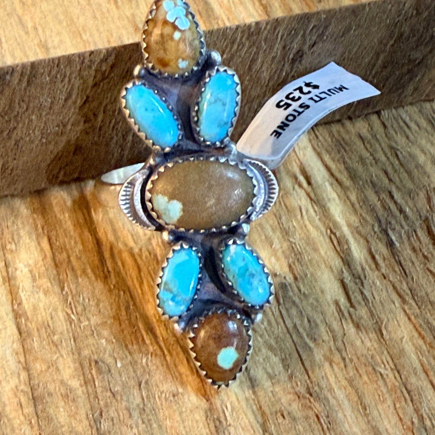 Number Eight Turquoise Seven Gemstone Adjustable Ring Sterling Silver