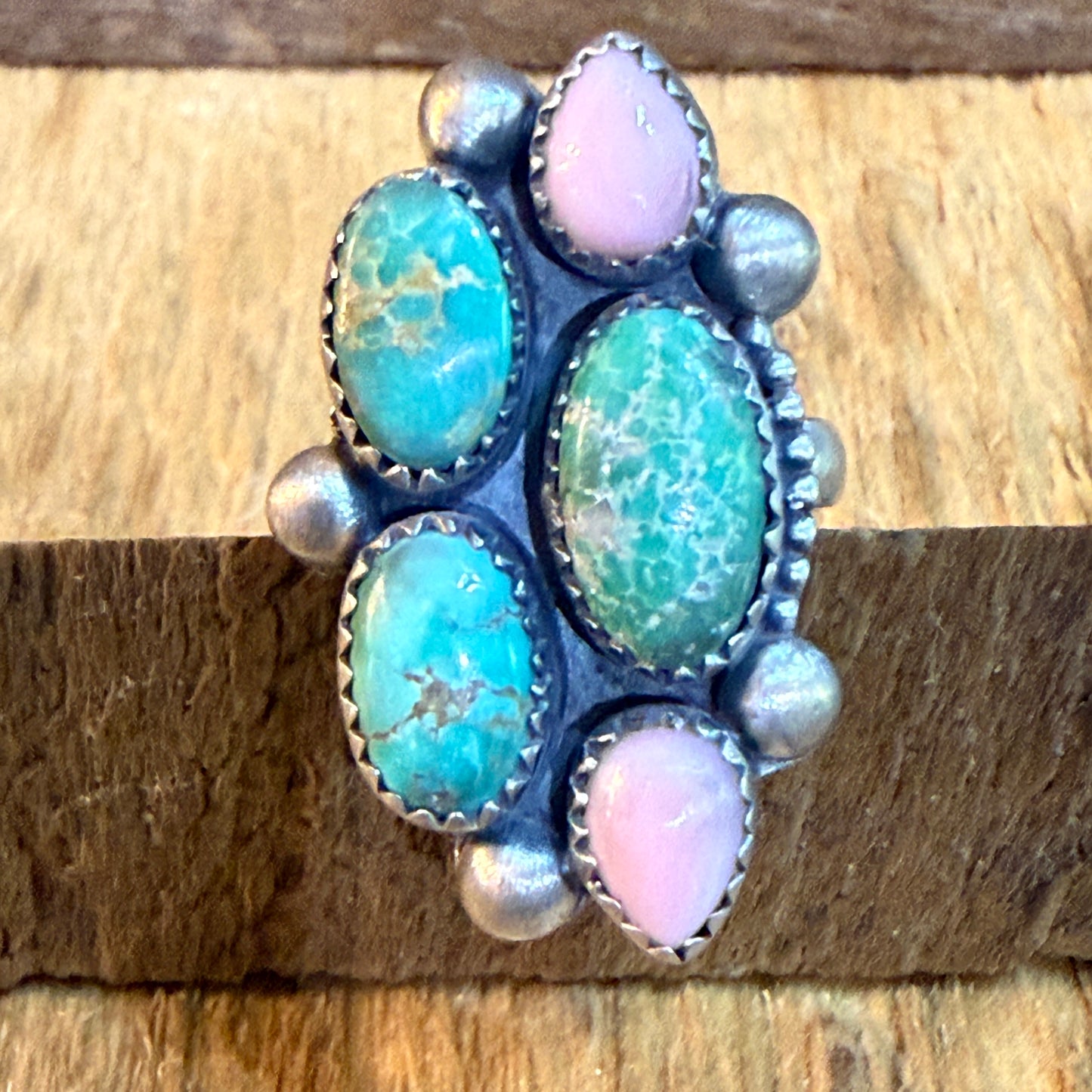 Pink Conch And Emerald Valley Five Gemstone Cluster Ring Sterling Silver