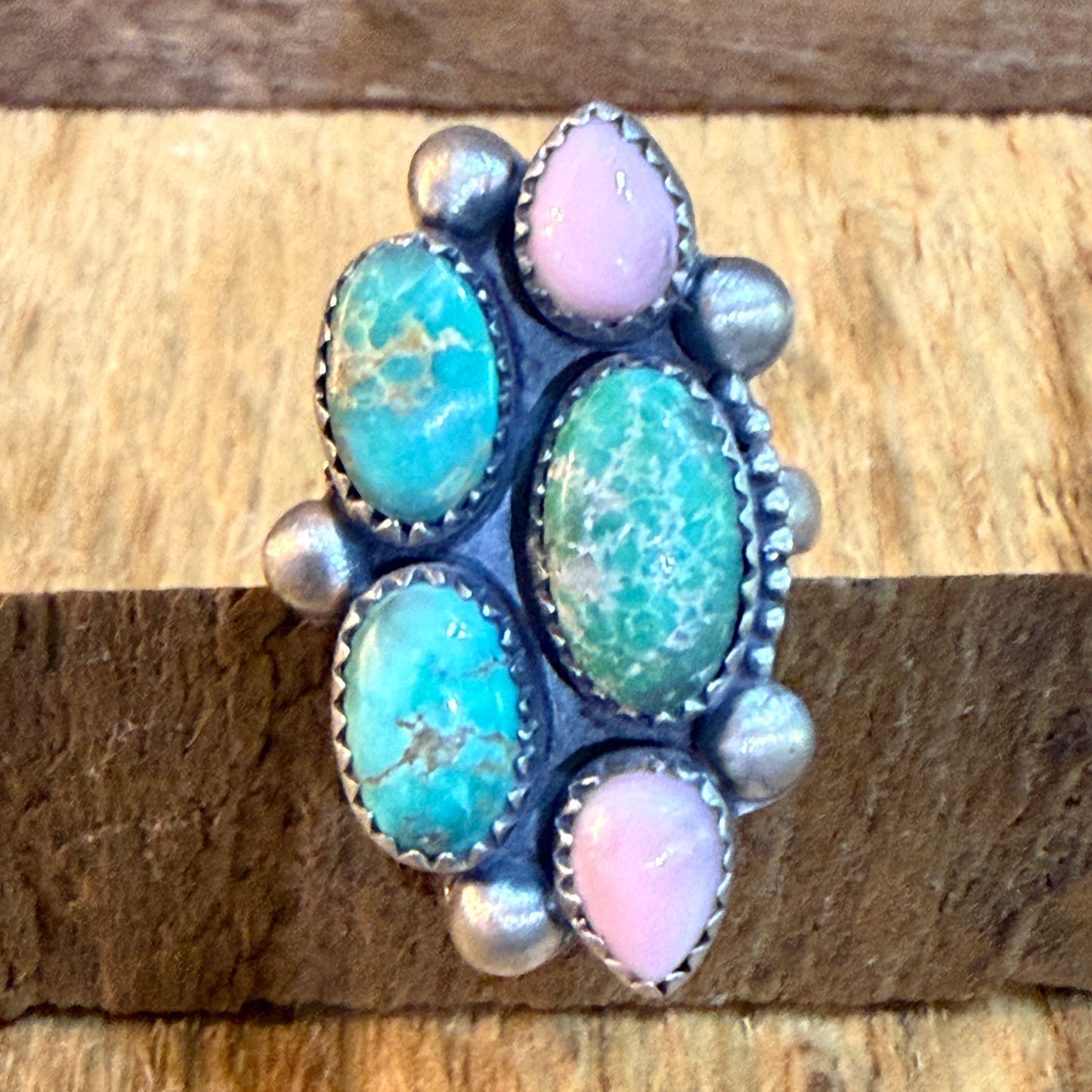 Pink Conch And Emerald Valley Five Gemstone Cluster Ring Sterling Silver