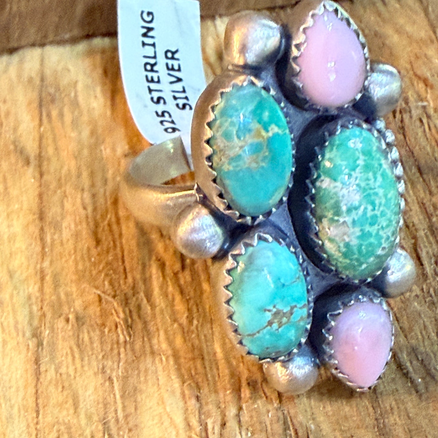 Pink Conch And Emerald Valley Five Gemstone Cluster Ring Sterling Silver