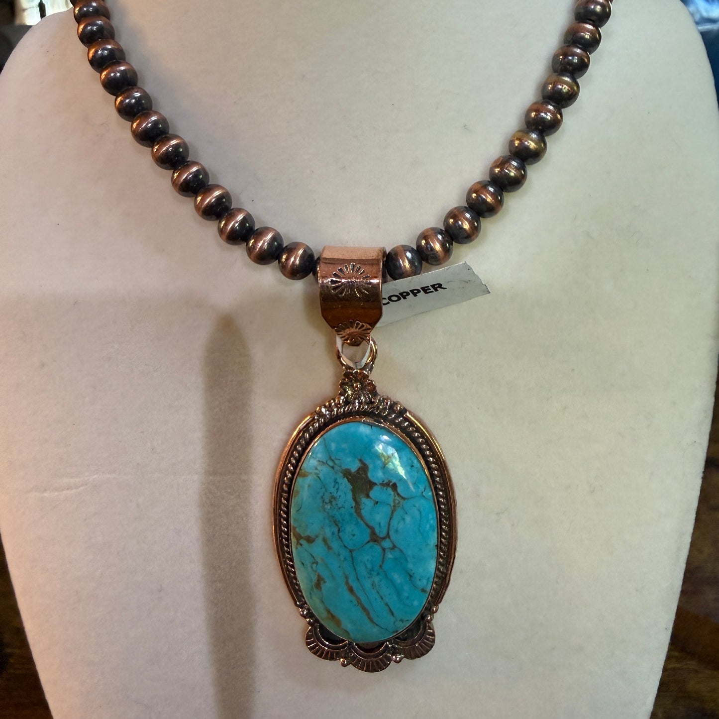 Kingman Turquoise Gemstone With Copper 6mm Pearl Beads, 1.5 Inch Gemstone
