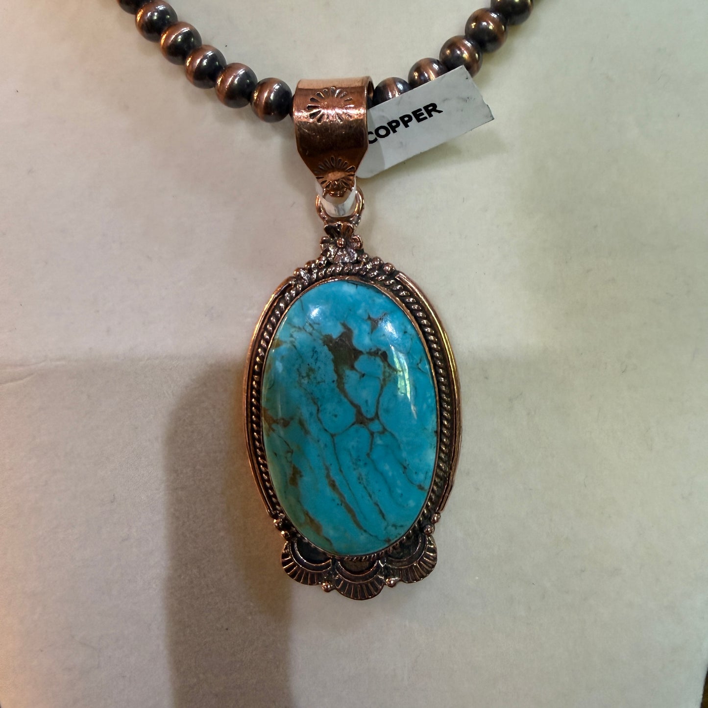 Kingman Turquoise Gemstone With Copper 6mm Pearl Beads, 1.5 Inch Gemstone