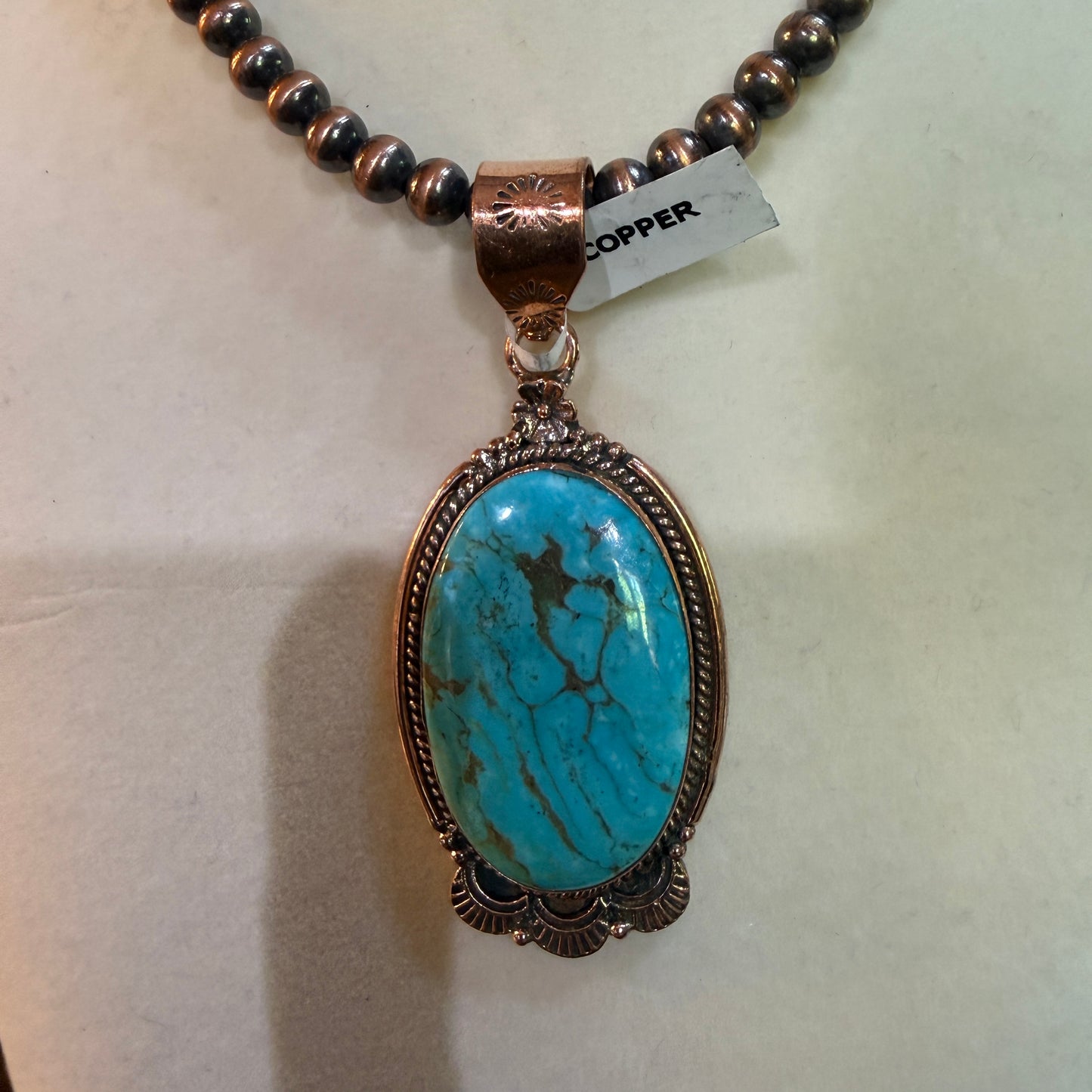 Kingman Turquoise Gemstone With Copper 6mm Pearl Beads, 1.5 Inch Gemstone
