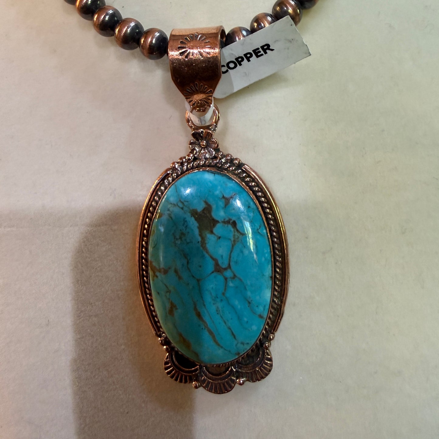 Kingman Turquoise Gemstone With Copper 6mm Pearl Beads, 1.5 Inch Gemstone