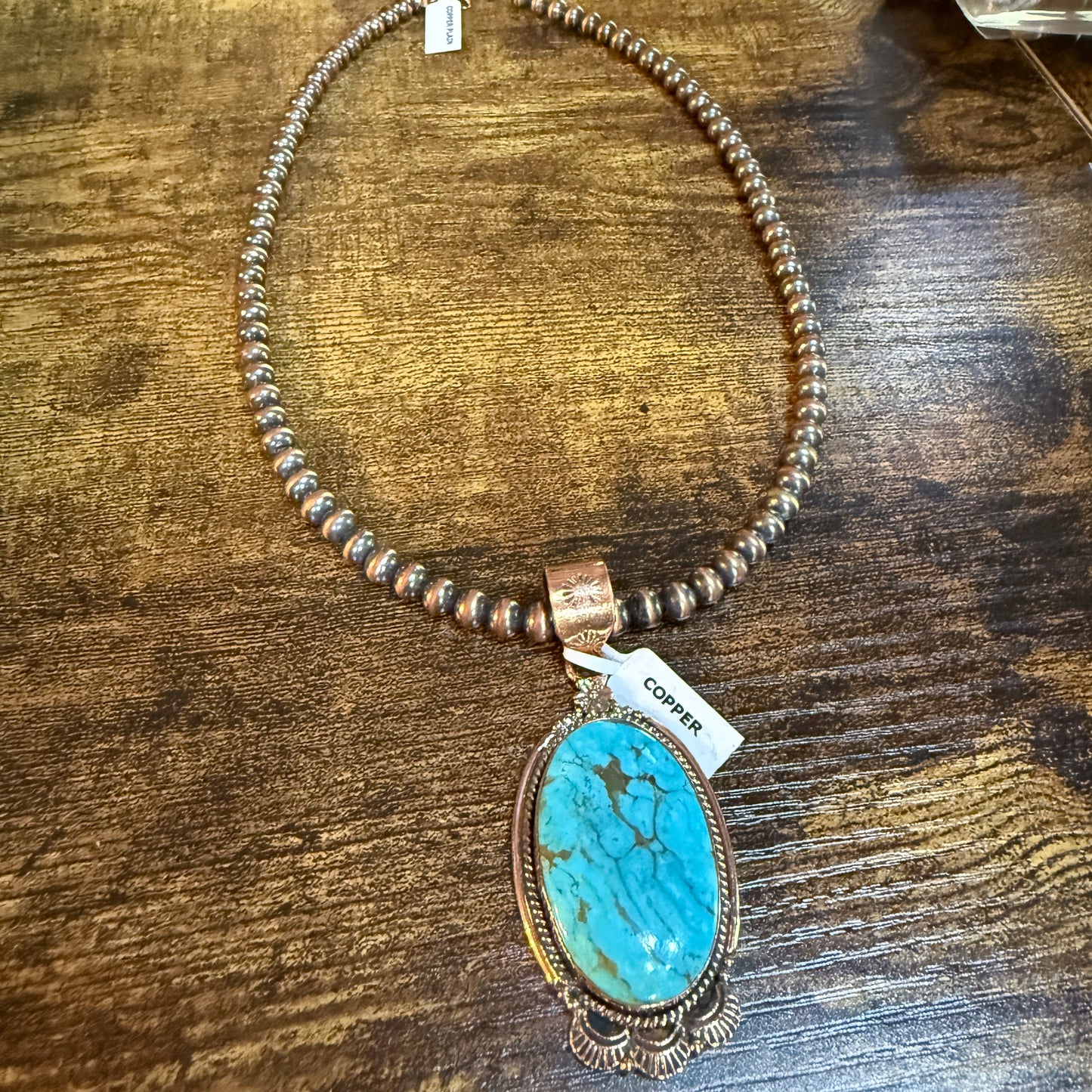 Kingman Turquoise Gemstone With Copper 6mm Pearl Beads, 1.5 Inch Gemstone