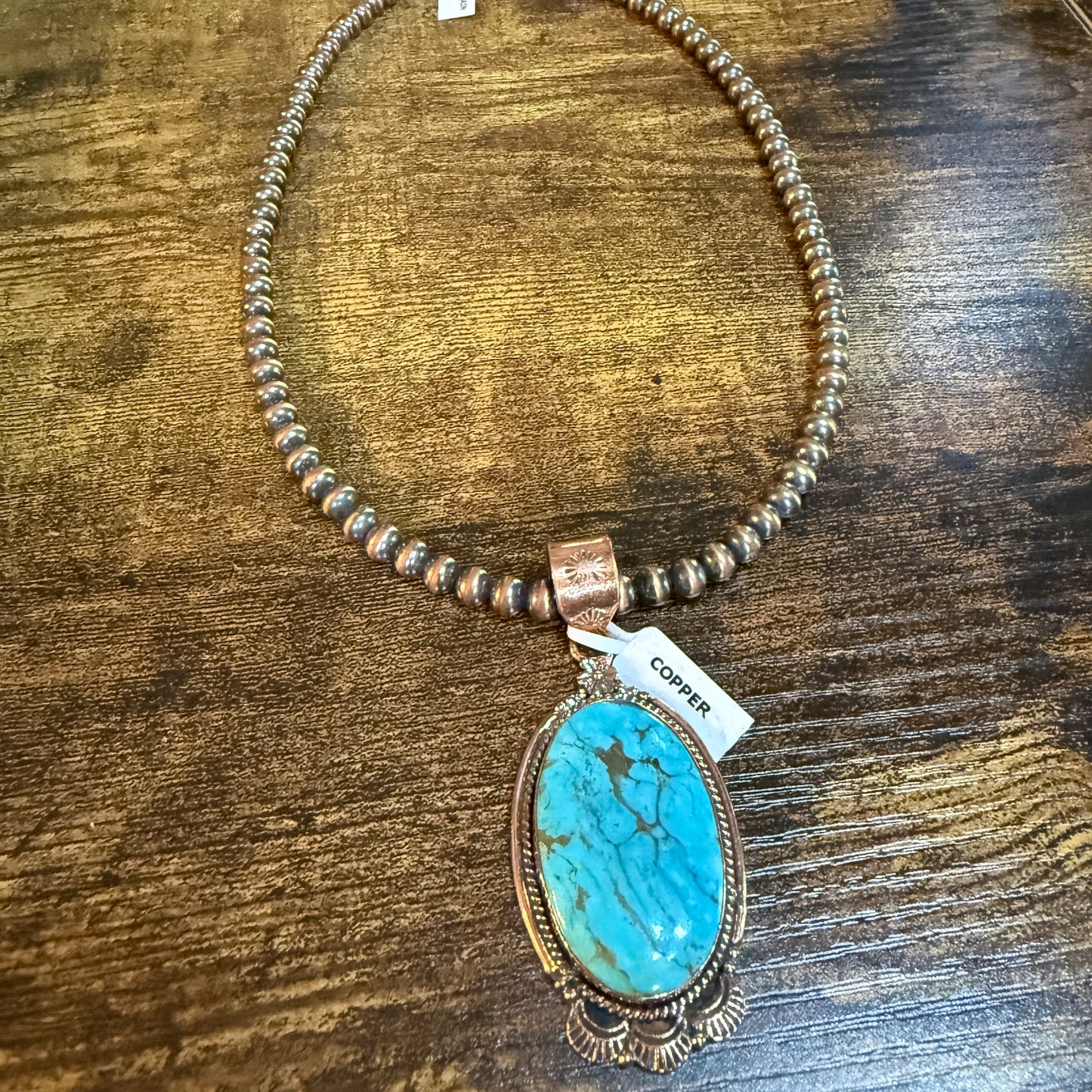 Kingman Turquoise Gemstone With Copper 6mm Pearl Beads, 1.5 Inch Gemstone