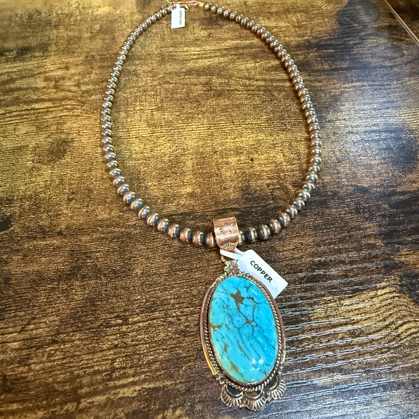 Kingman Turquoise Gemstone With Copper 6mm Pearl Beads, 1.5 Inch Gemstone