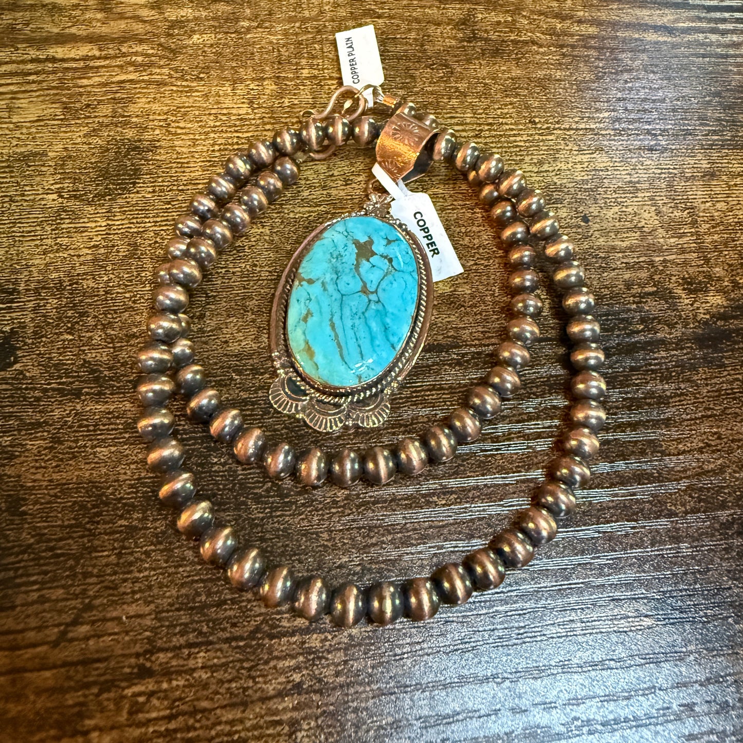 Kingman Turquoise Gemstone With Copper 6mm Pearl Beads, 1.5 Inch Gemstone