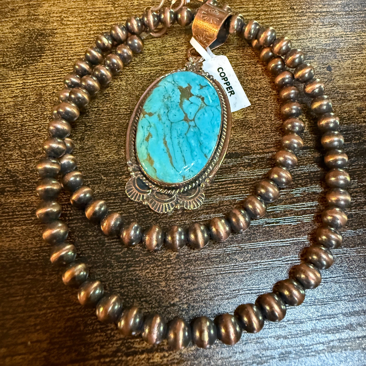 Kingman Turquoise Gemstone With Copper 6mm Pearl Beads, 1.5 Inch Gemstone