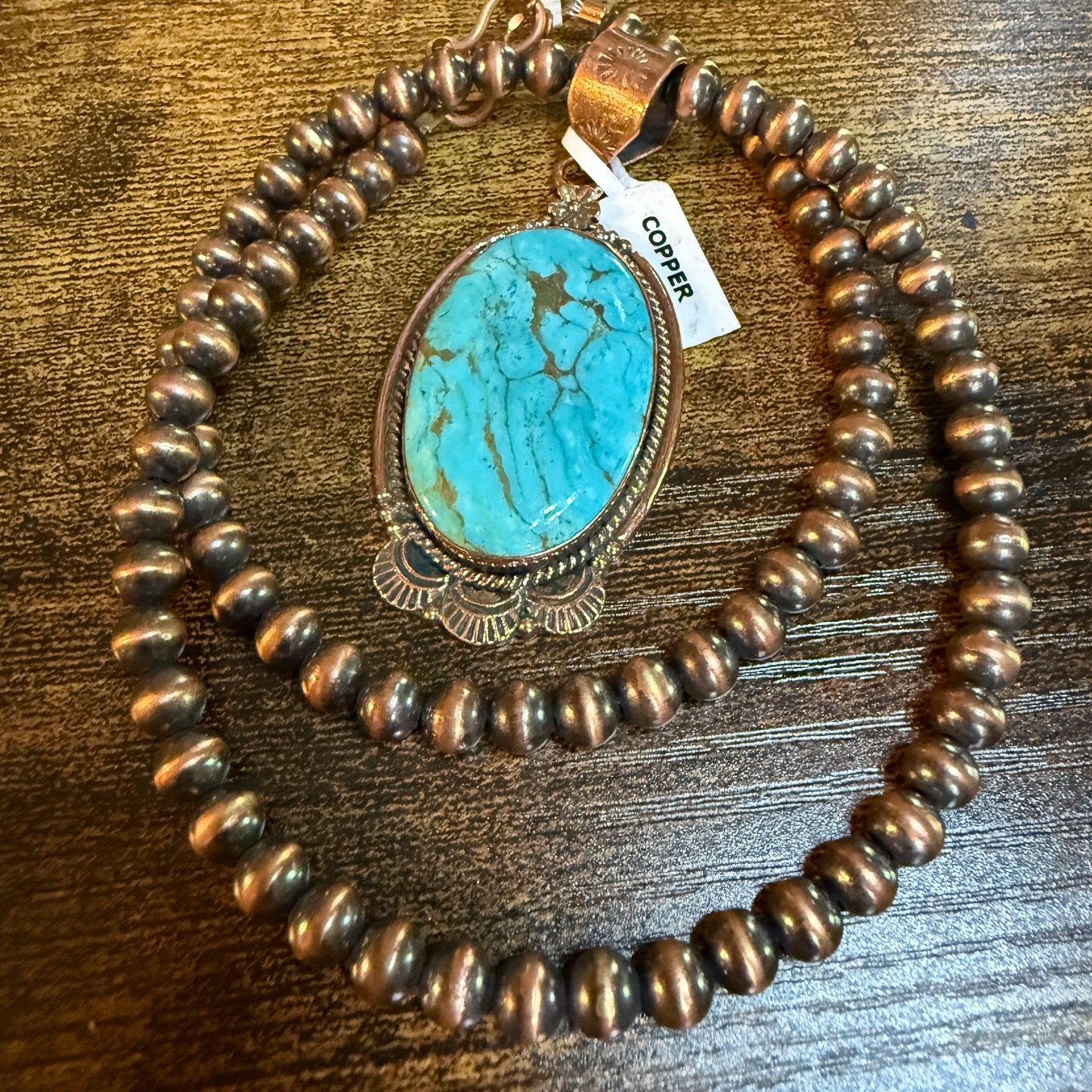 Kingman Turquoise Gemstone With Copper 6mm Pearl Beads, 1.5 Inch Gemstone
