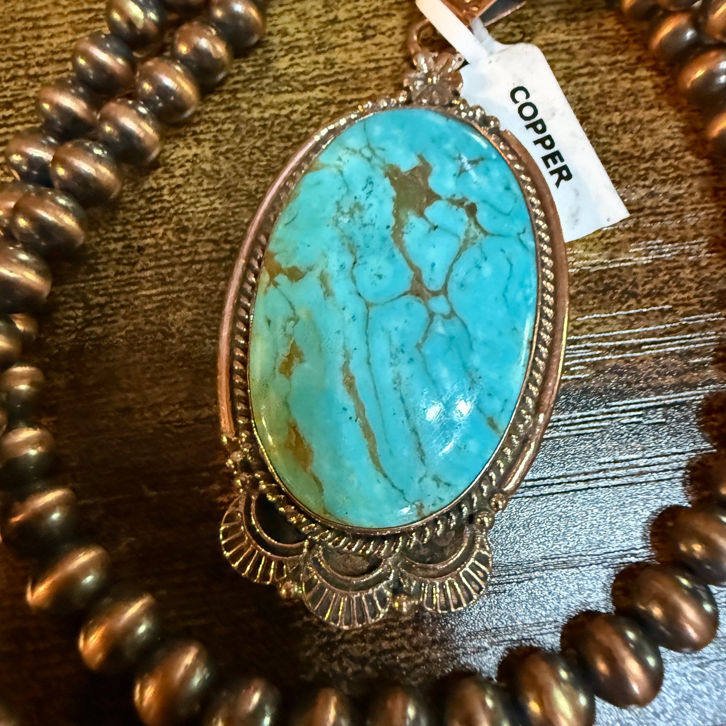 Kingman Turquoise Gemstone With Copper 6mm Pearl Beads, 1.5 Inch Gemstone