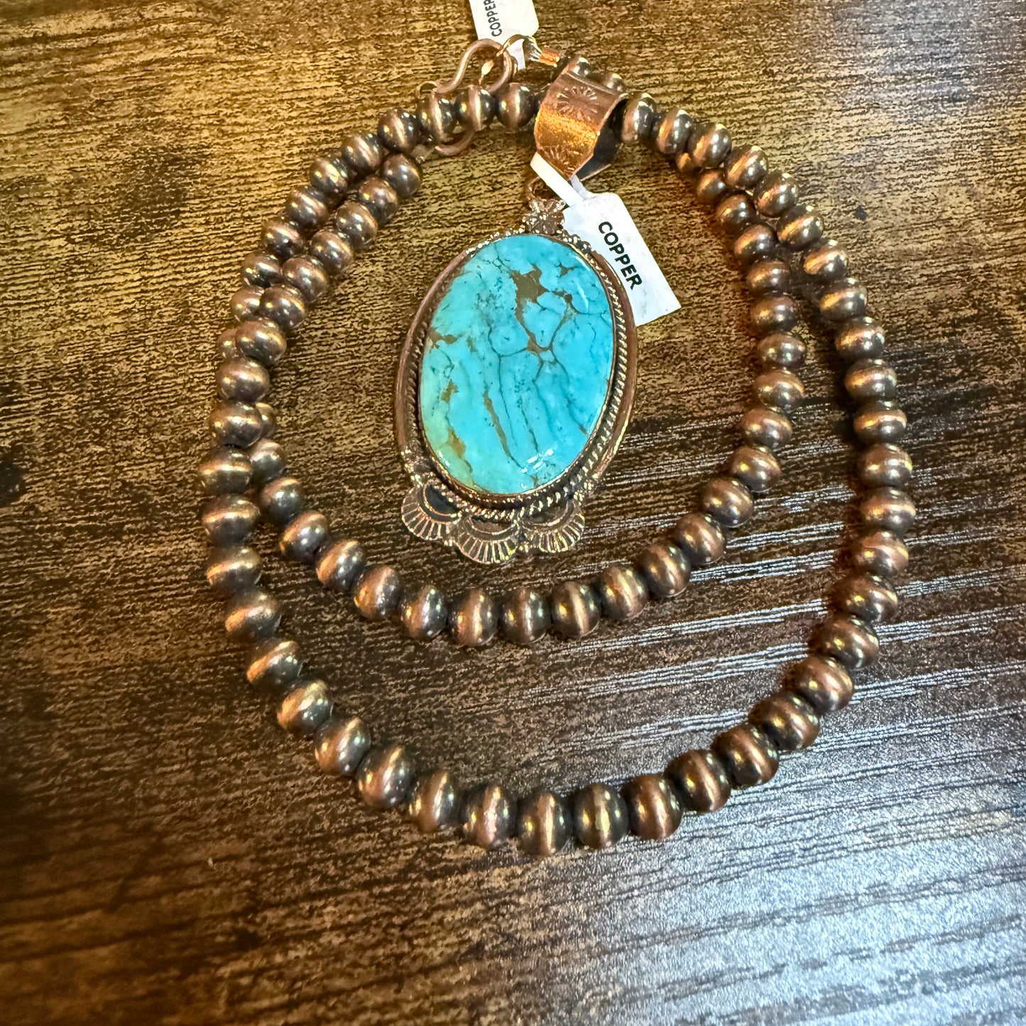 Kingman Turquoise Gemstone With Copper 6mm Pearl Beads, 1.5 Inch Gemstone