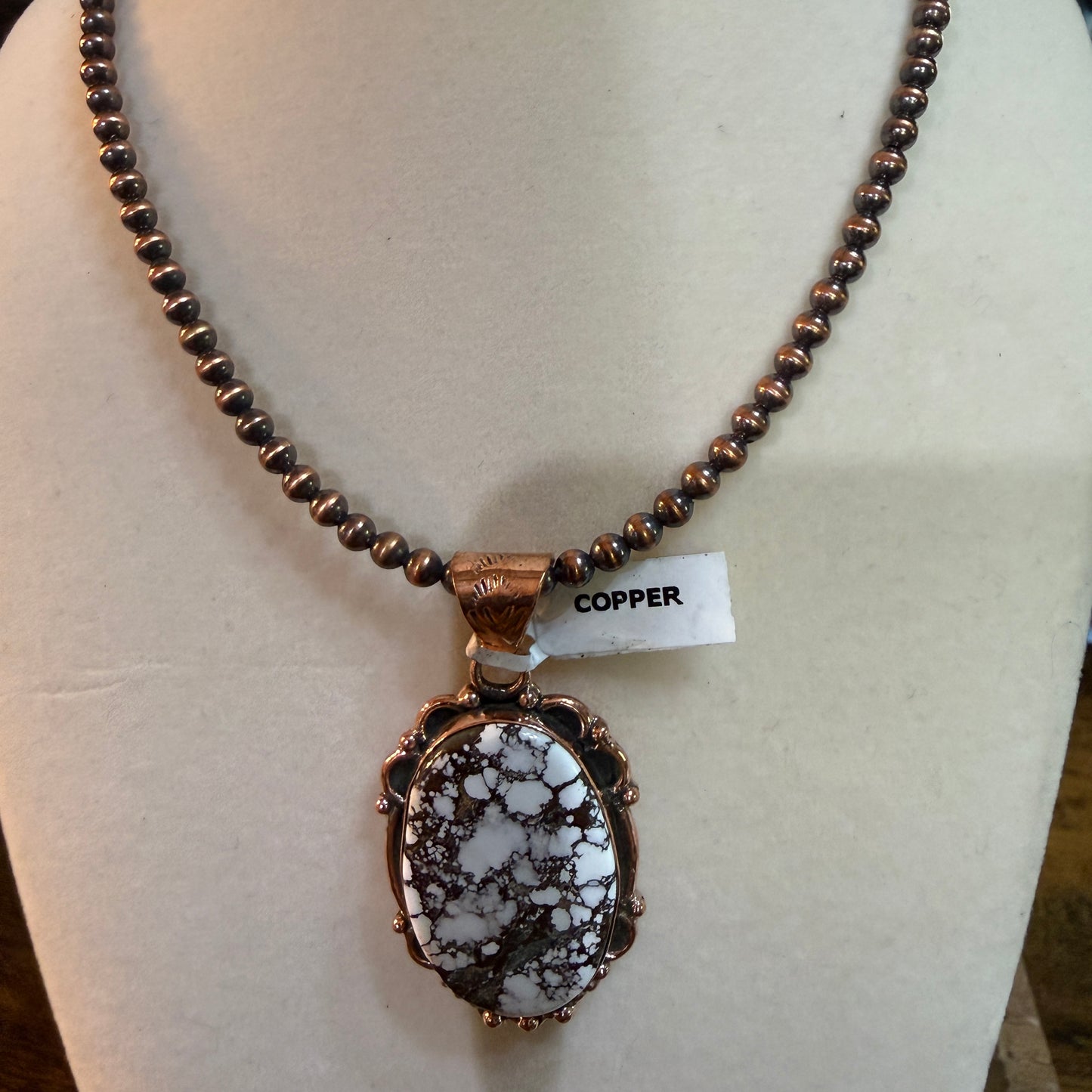Genuine Copper Pearl Necklace With Wild Horse Gemstone Copper Pendant, 18 Inch