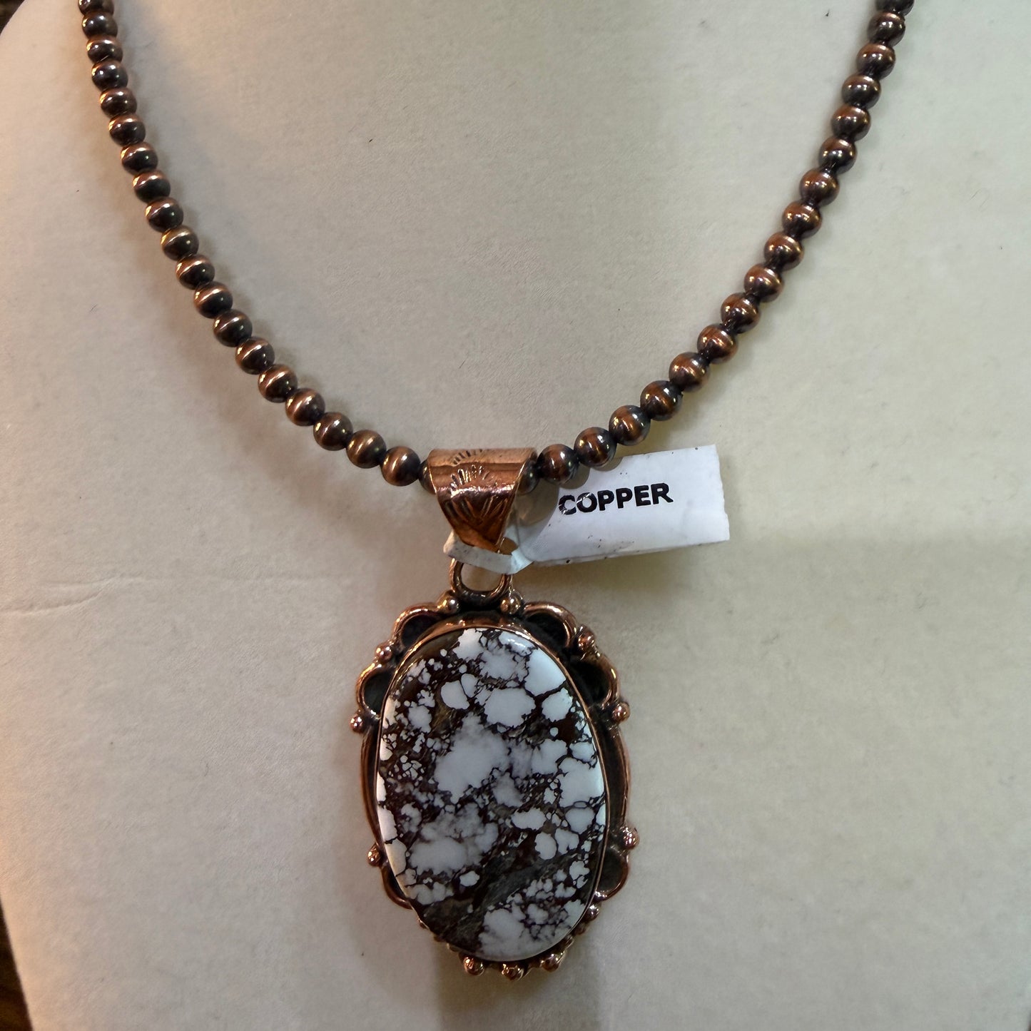 Genuine Copper Pearl Necklace With Wild Horse Gemstone Copper Pendant, 18 Inch