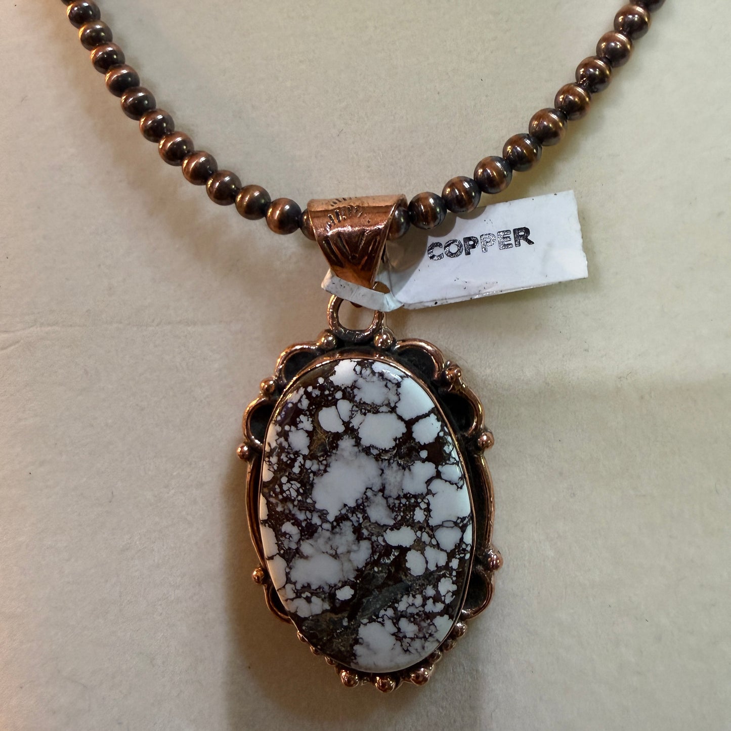 Genuine Copper Pearl Necklace With Wild Horse Gemstone Copper Pendant, 18 Inch
