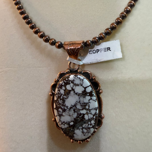 Genuine Copper Pearl Necklace With Wild Horse Gemstone Copper Pendant, 18 Inch