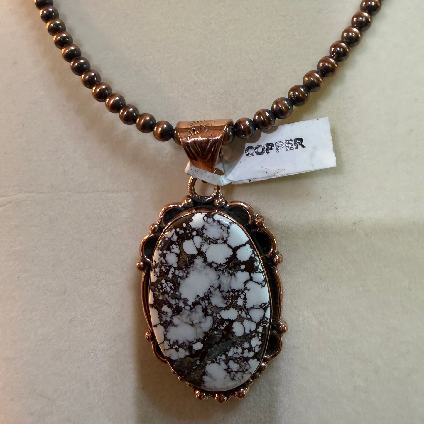 Genuine Copper Pearl Necklace With Wild Horse Gemstone Copper Pendant, 18 Inch