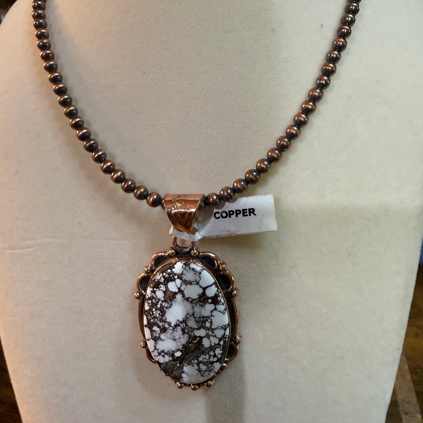 Genuine Copper Pearl Necklace With Wild Horse Gemstone Copper Pendant, 18 Inch
