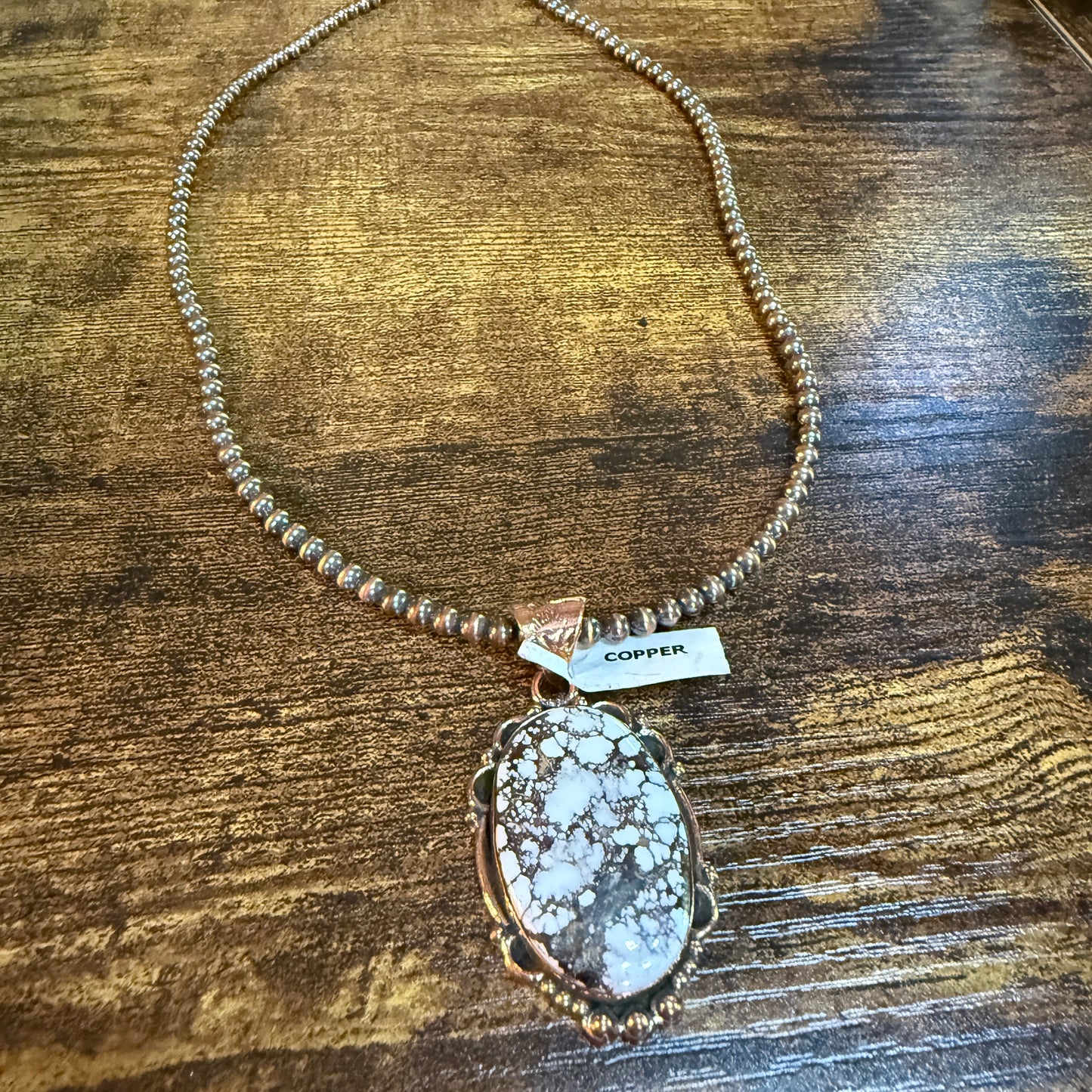 Genuine Copper Pearl Necklace With Wild Horse Gemstone Copper Pendant, 18 Inch