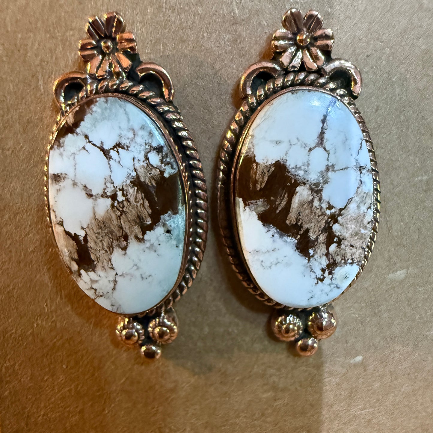 Wild Horse Dahlia Copper Stud Earrings Genuine Gemstone One Inch