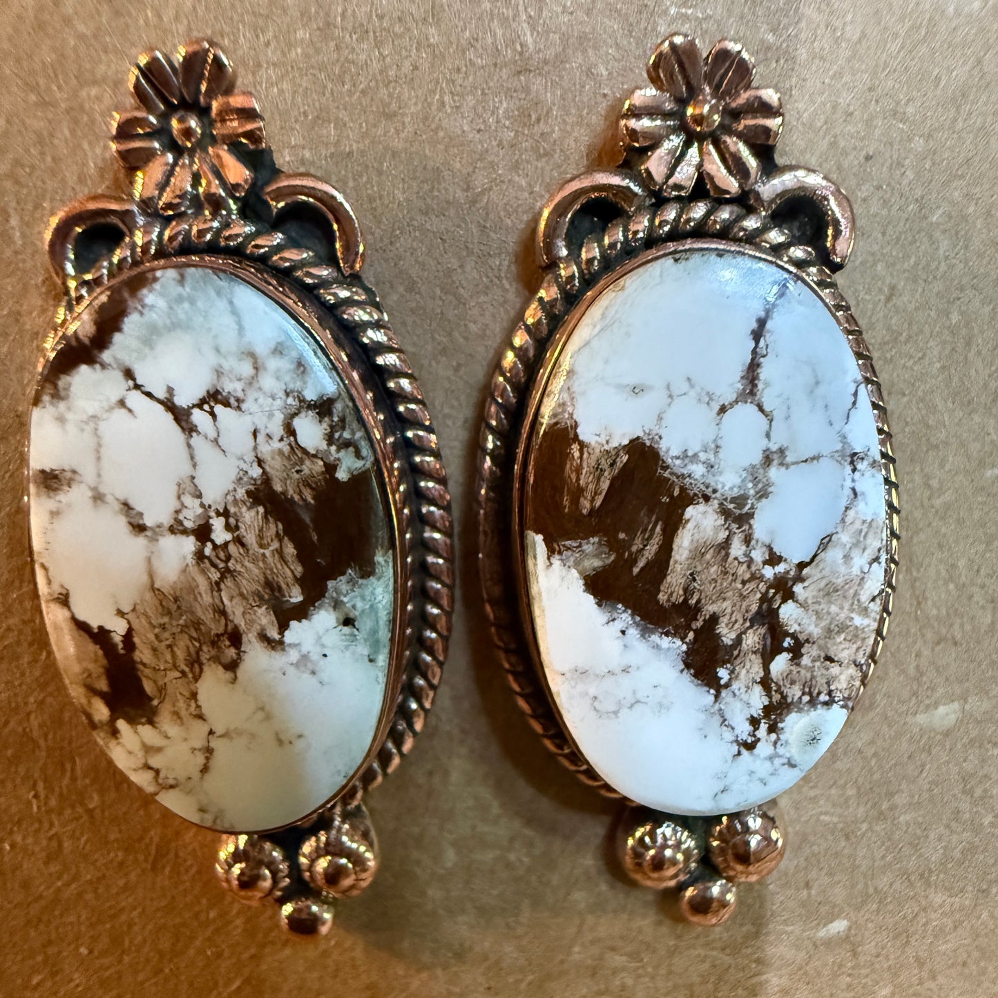 Wild Horse Dahlia Copper Stud Earrings Genuine Gemstone One Inch