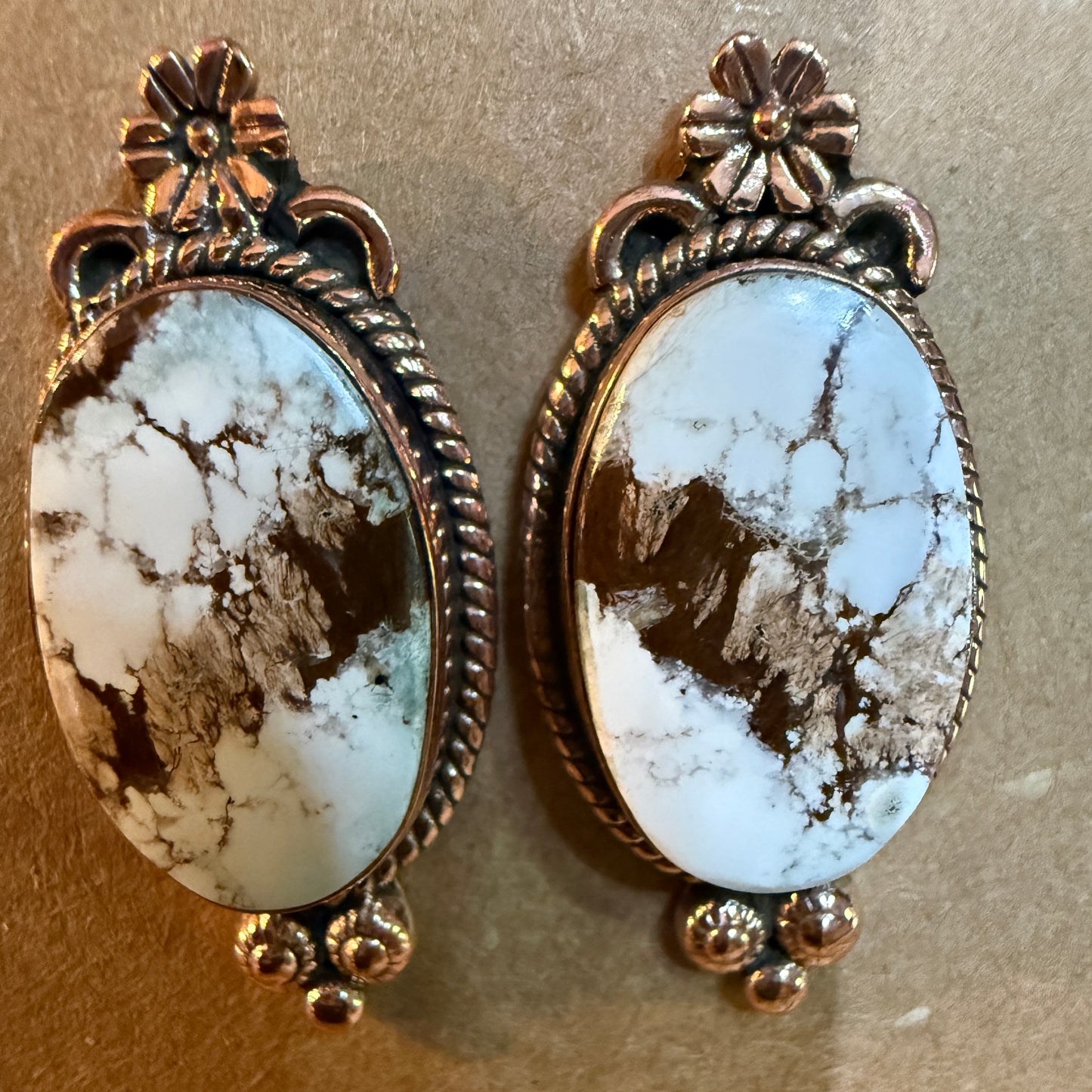 Wild Horse Dahlia Copper Stud Earrings Genuine Gemstone One Inch
