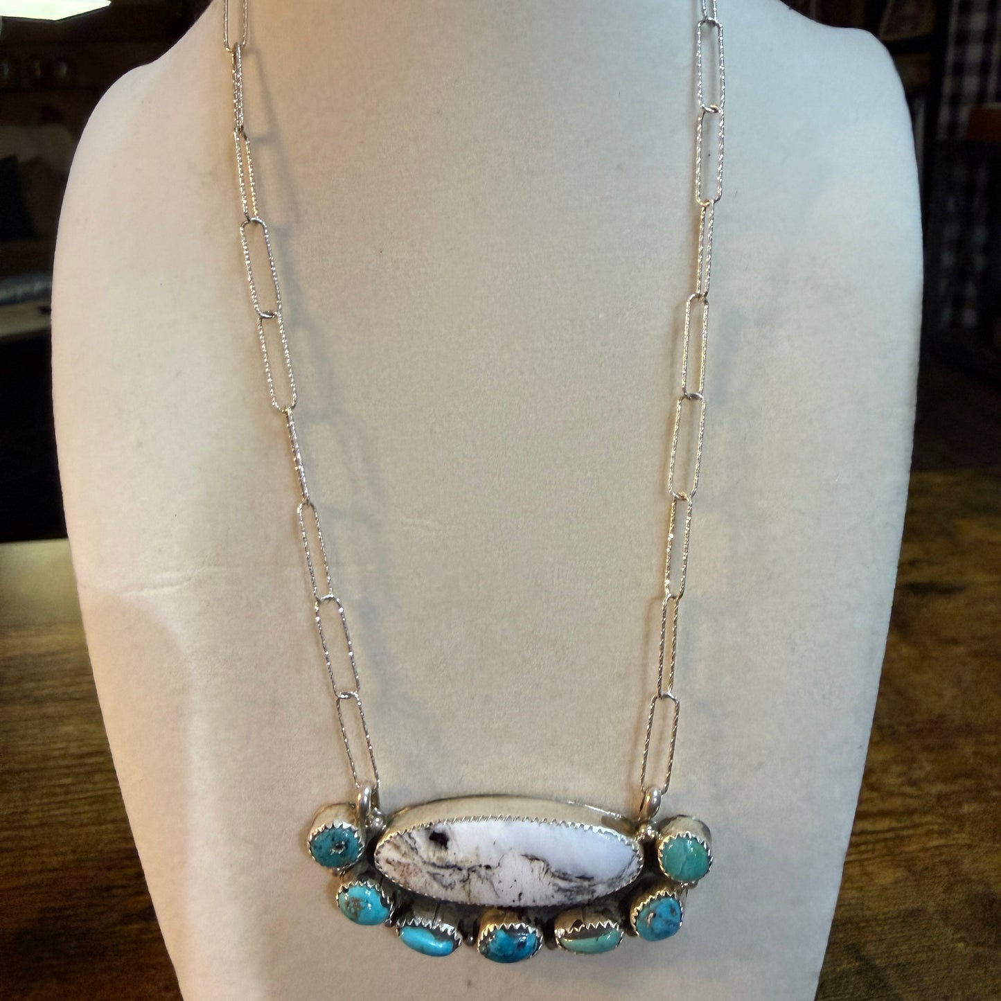 Artist Signed Rosanne Sam Kingman Turquoise White Buffalo Choker 14 Inch Chain
