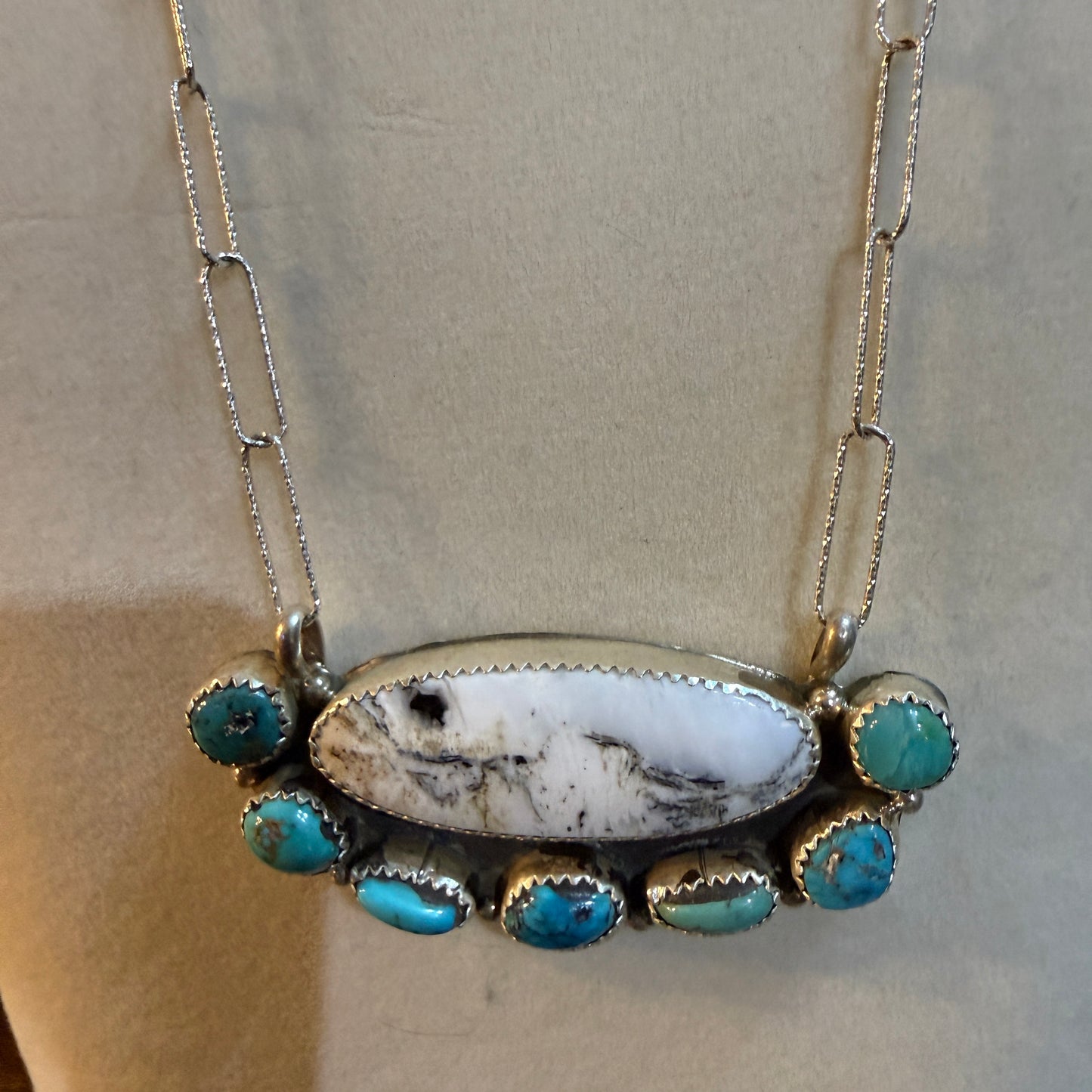 Artist Signed Rosanne Sam Kingman Turquoise White Buffalo Choker 14 Inch Chain