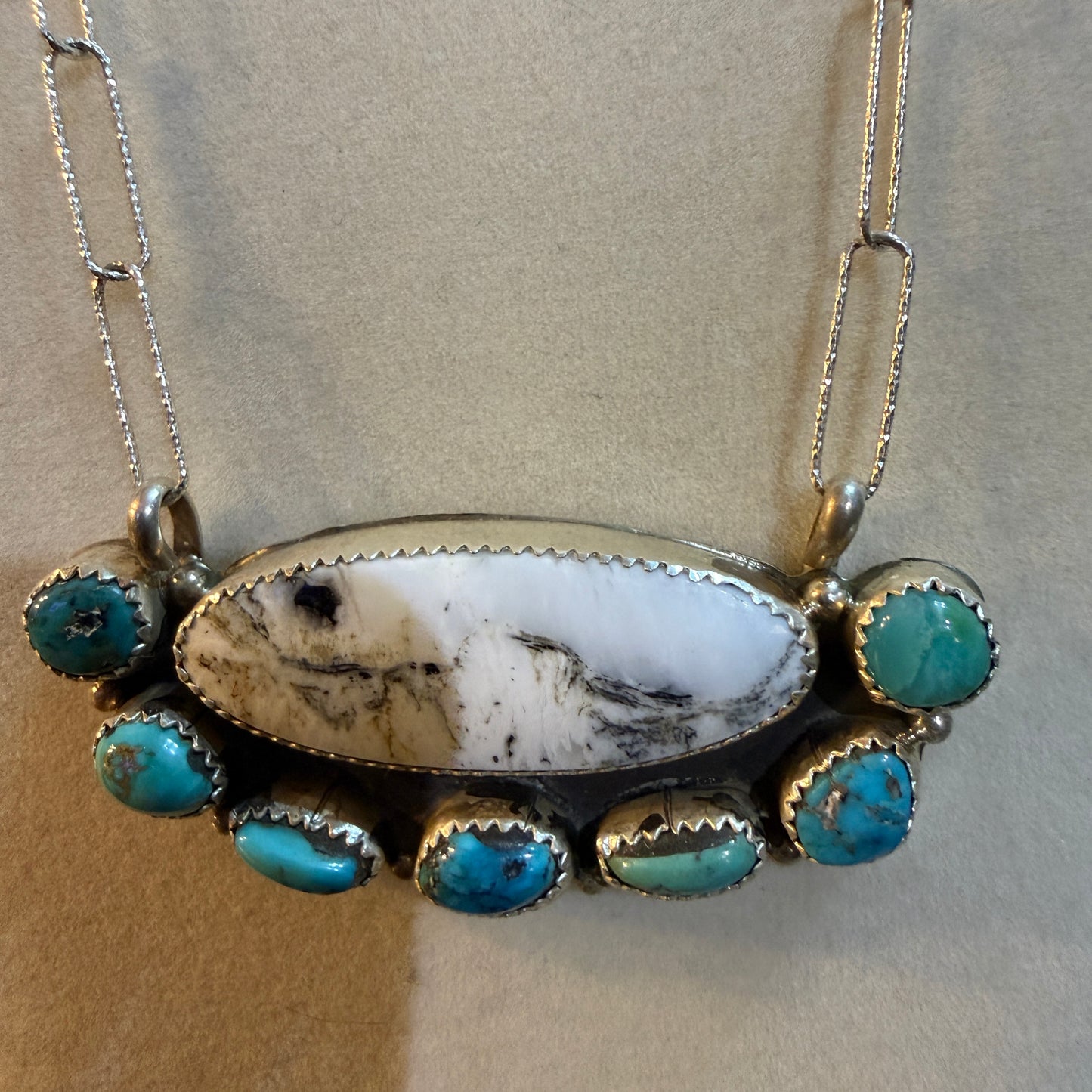 Artist Signed Rosanne Sam Kingman Turquoise White Buffalo Choker 14 Inch Chain