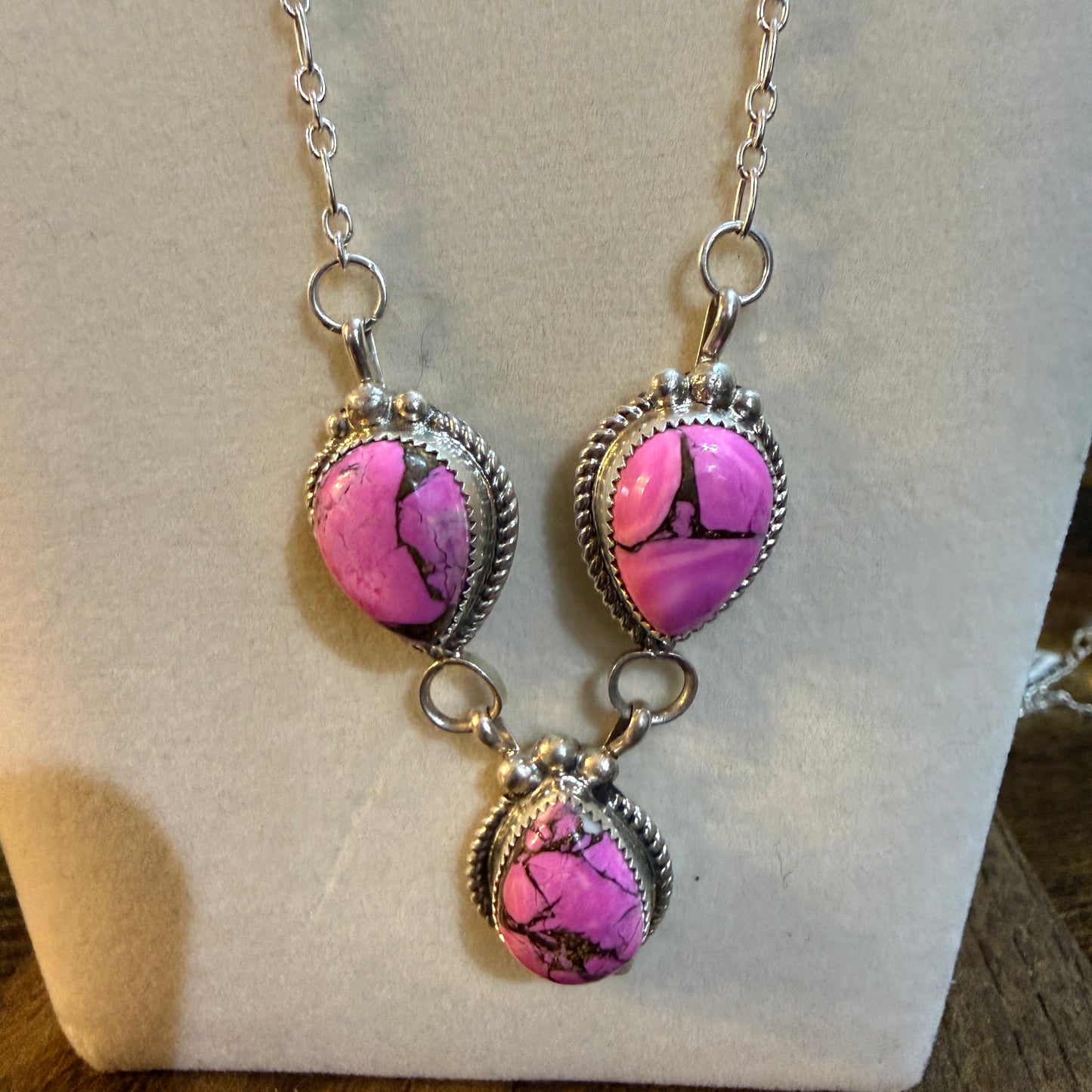 Artist Signed Cindy Begay Pink Cotton Candy Necklace Sterling Silver 16 Inch Chain