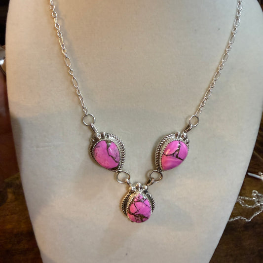 Artist Signed Cindy Begay Pink Cotton Candy Necklace Sterling Silver 16 Inch Chain