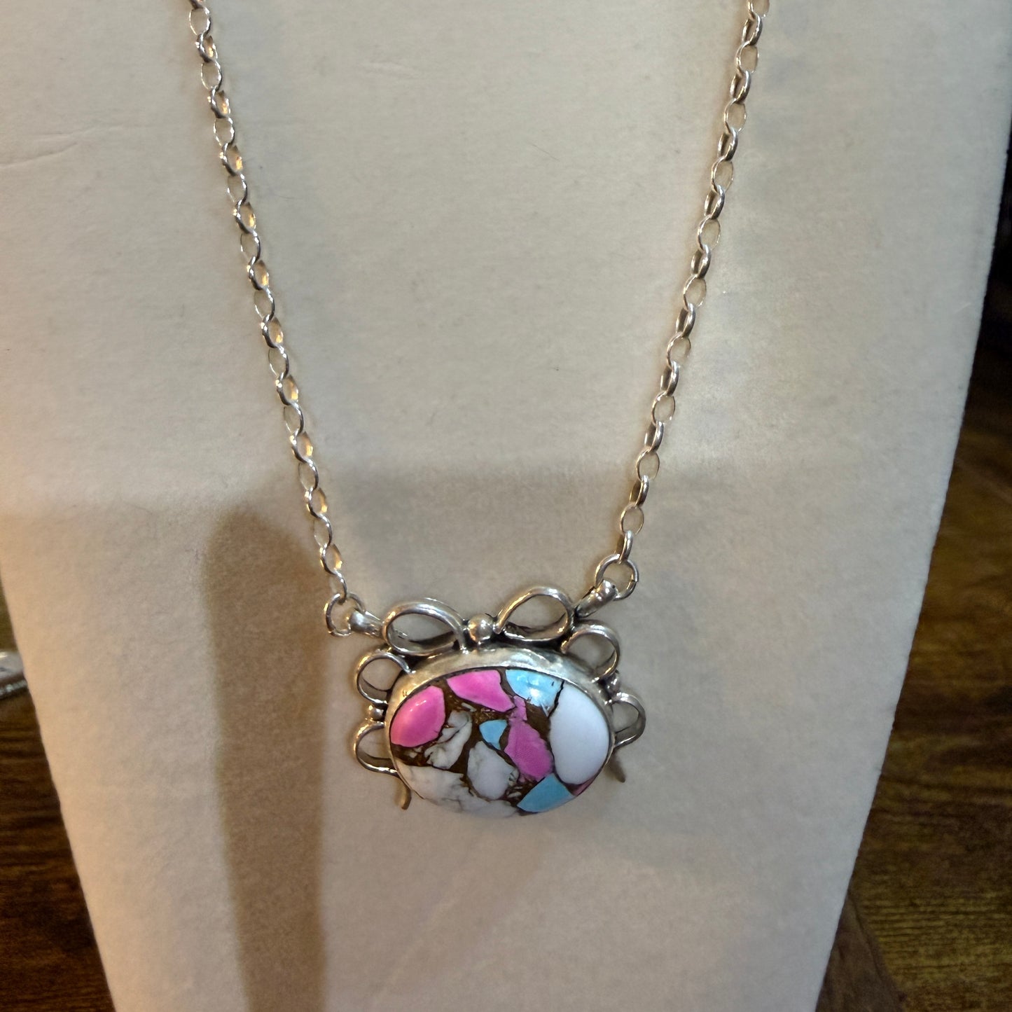 Artist Signed AR YAZ Cotton Candy Dahlia Bow Pendant Necklace Sterling Silver