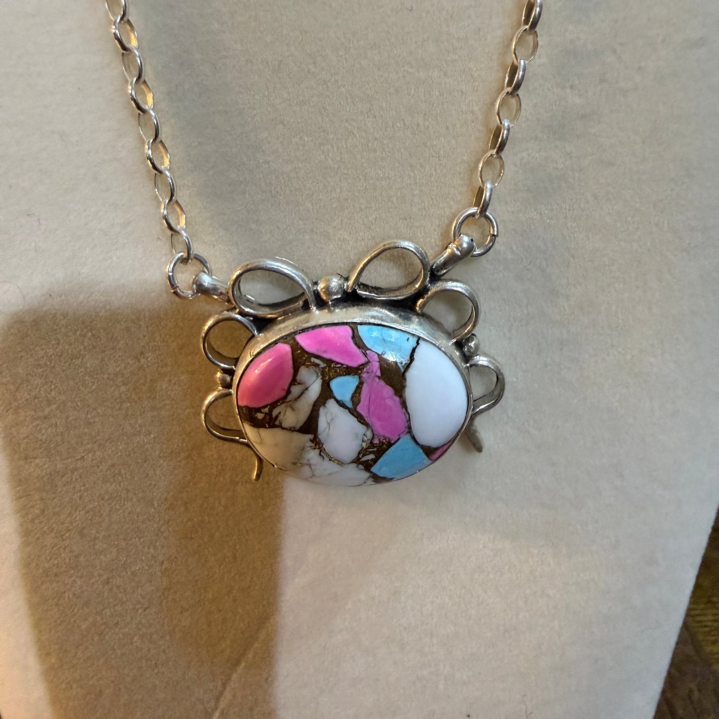 Artist Signed AR YAZ Cotton Candy Dahlia Bow Pendant Necklace Sterling Silver