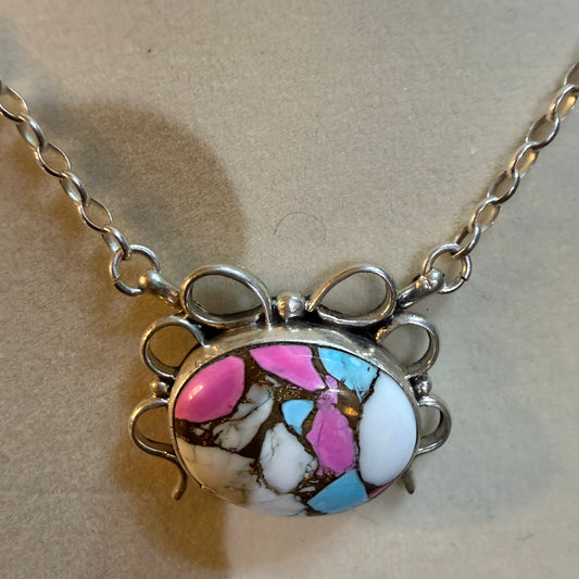 Artist Signed AR YAZ Cotton Candy Dahlia Bow Pendant Necklace Sterling Silver