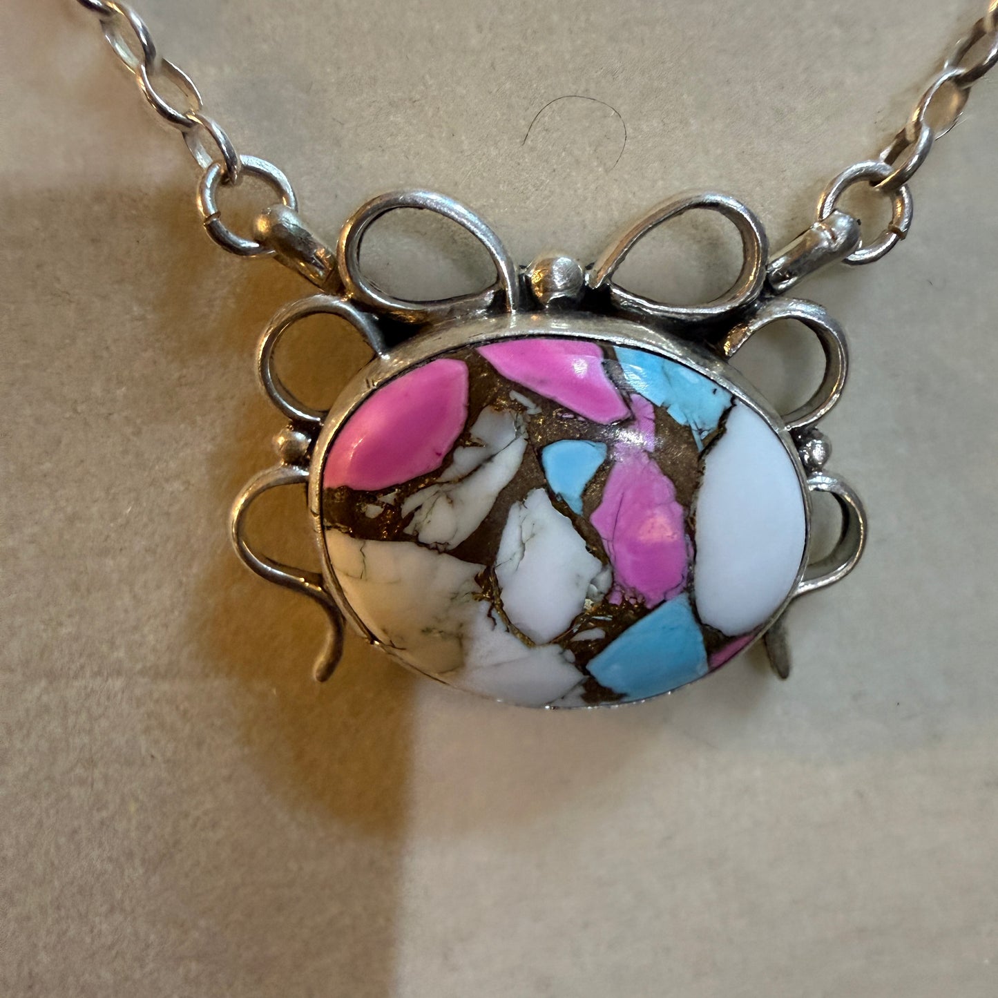 Artist Signed AR YAZ Cotton Candy Dahlia Bow Pendant Necklace Sterling Silver