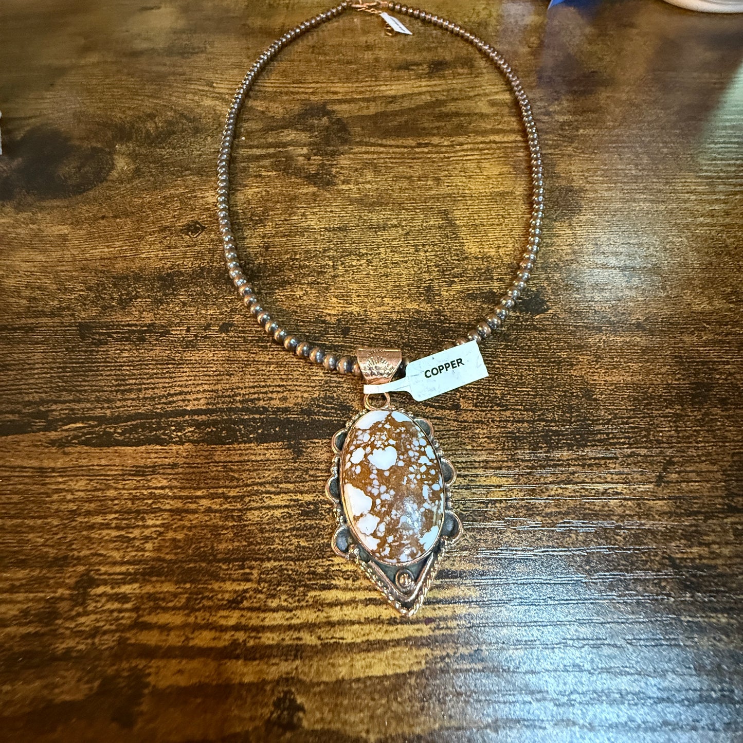 Wild Horse Dahlia Gemstone Copper Pendant on 18 Inch Copper Pearl Bead Necklace