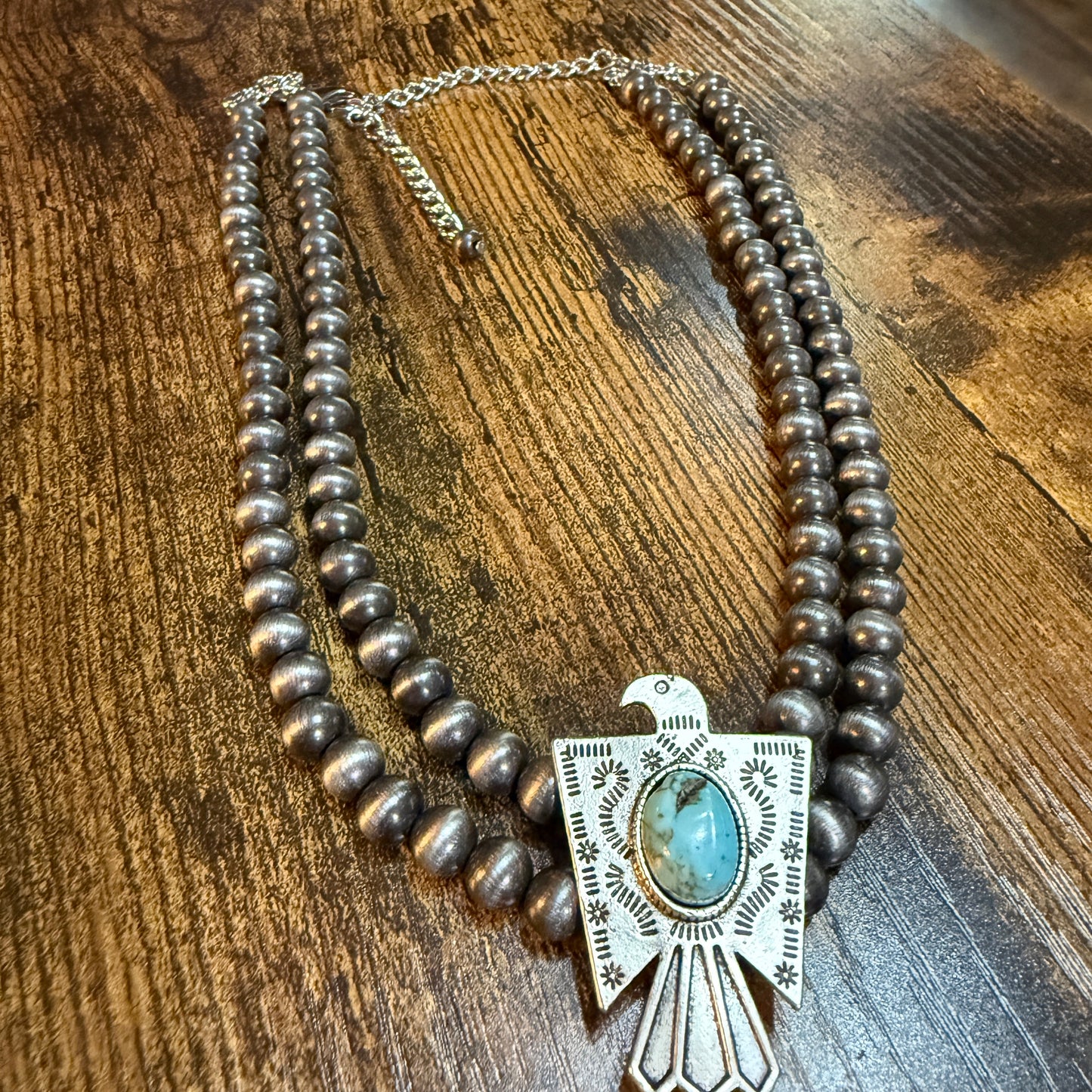 Handmade Navajo Style Bead Thunderbird Turquoise Choker Necklace 16 Inch 2 Strand