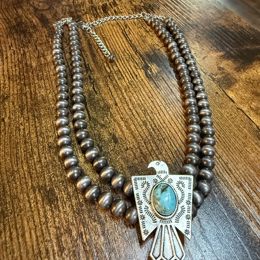 Handmade Navajo Style Bead Thunderbird Turquoise Choker Necklace 16 Inch 2 Strand