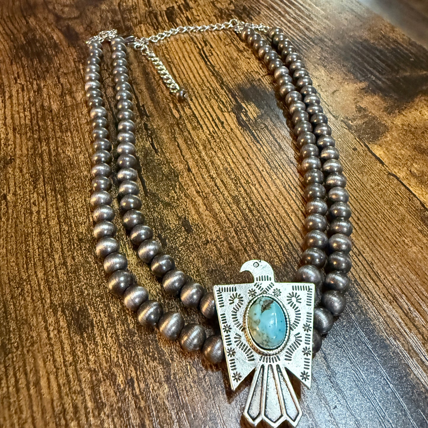 Handmade Navajo Style Bead Thunderbird Turquoise Choker Necklace 16 Inch 2 Strand