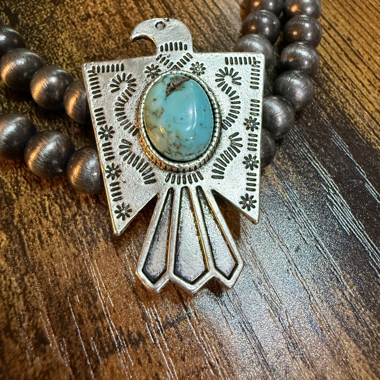 Handmade Navajo Style Bead Thunderbird Turquoise Choker Necklace 16 Inch 2 Strand