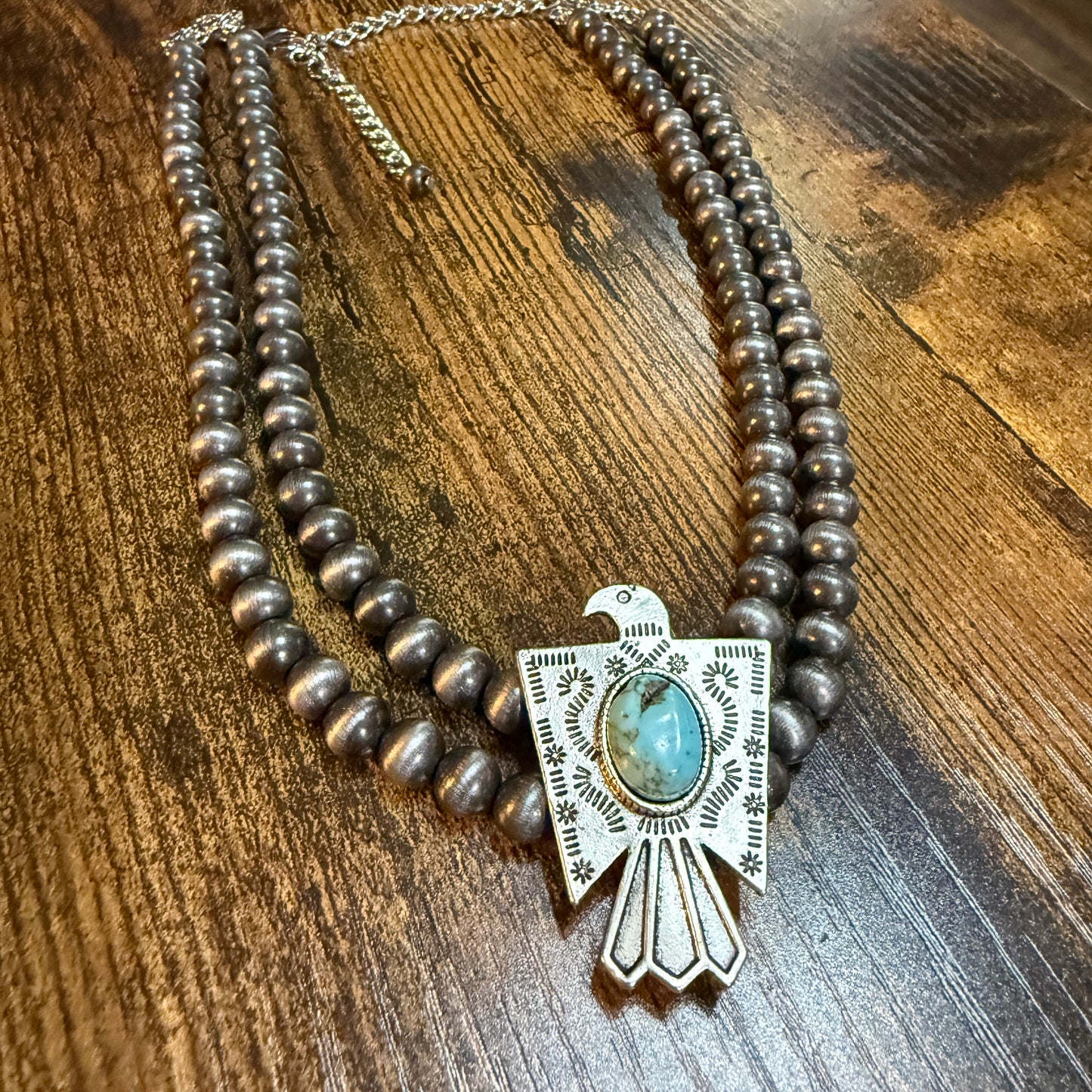 Handmade Navajo Style Bead Thunderbird Turquoise Choker Necklace 16 Inch 2 Strand
