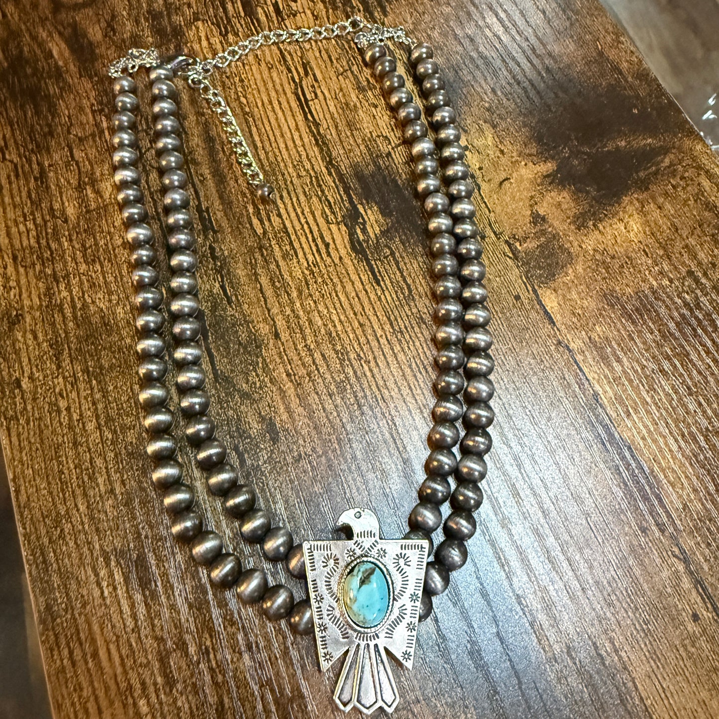 Handmade Navajo Style Bead Thunderbird Turquoise Choker Necklace 16 Inch 2 Strand