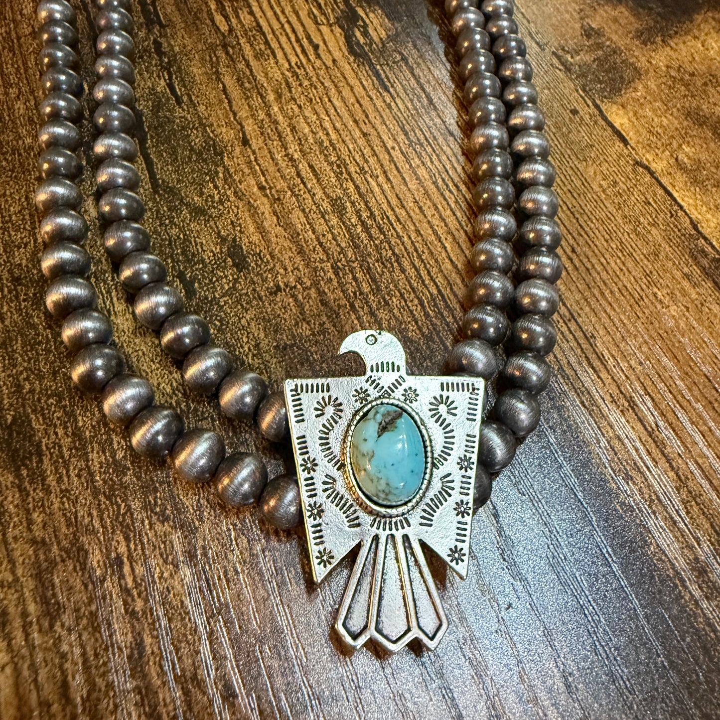 Handmade Navajo Style Bead Thunderbird Turquoise Choker Necklace 16 Inch 2 Strand