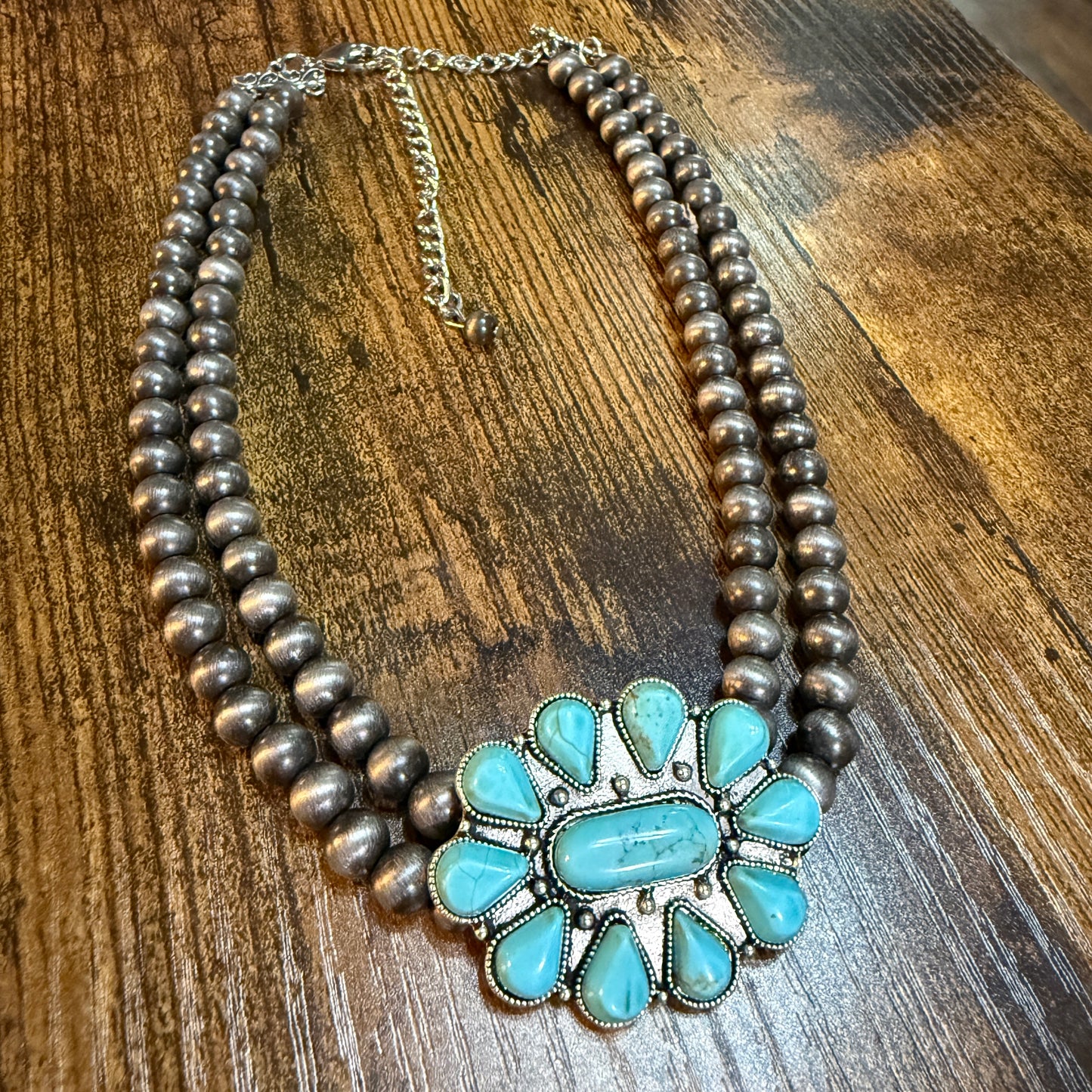 Handmade Navajo Style Turquoise Two Strand Choker Necklace 16 To 21 Inches With Extender