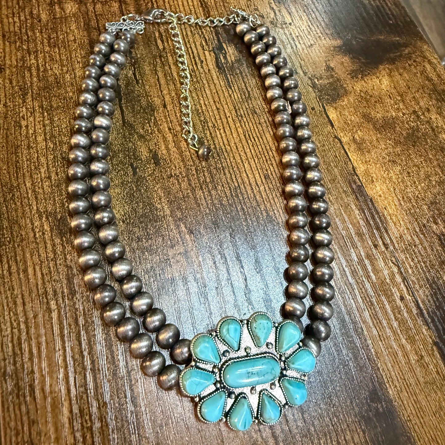 Handmade Navajo Style Turquoise Two Strand Choker Necklace 16 To 21 Inches With Extender