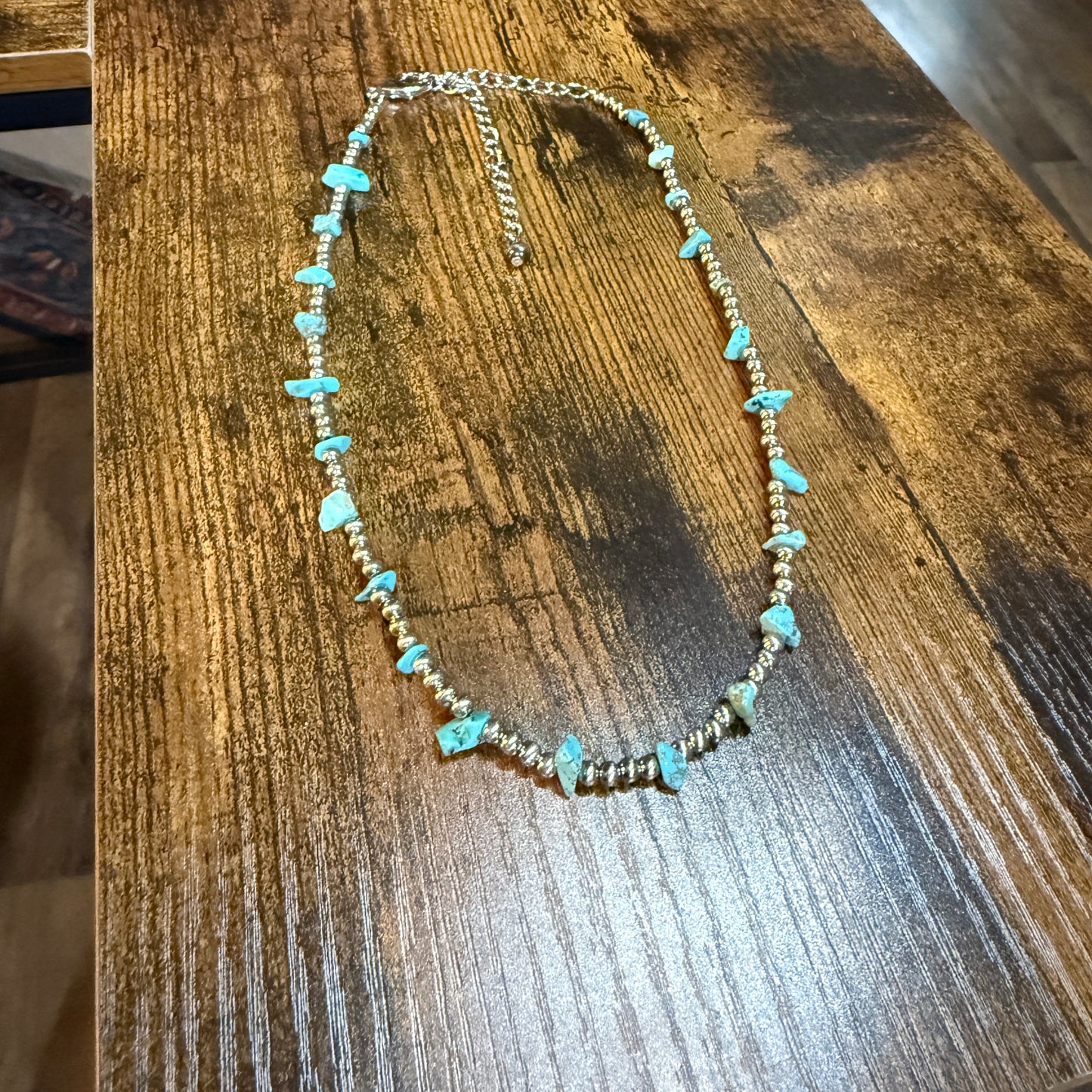 Handmade Navajo Style Turquoise Chip Necklace With Silver Tone Beads 16 To 21 Inches