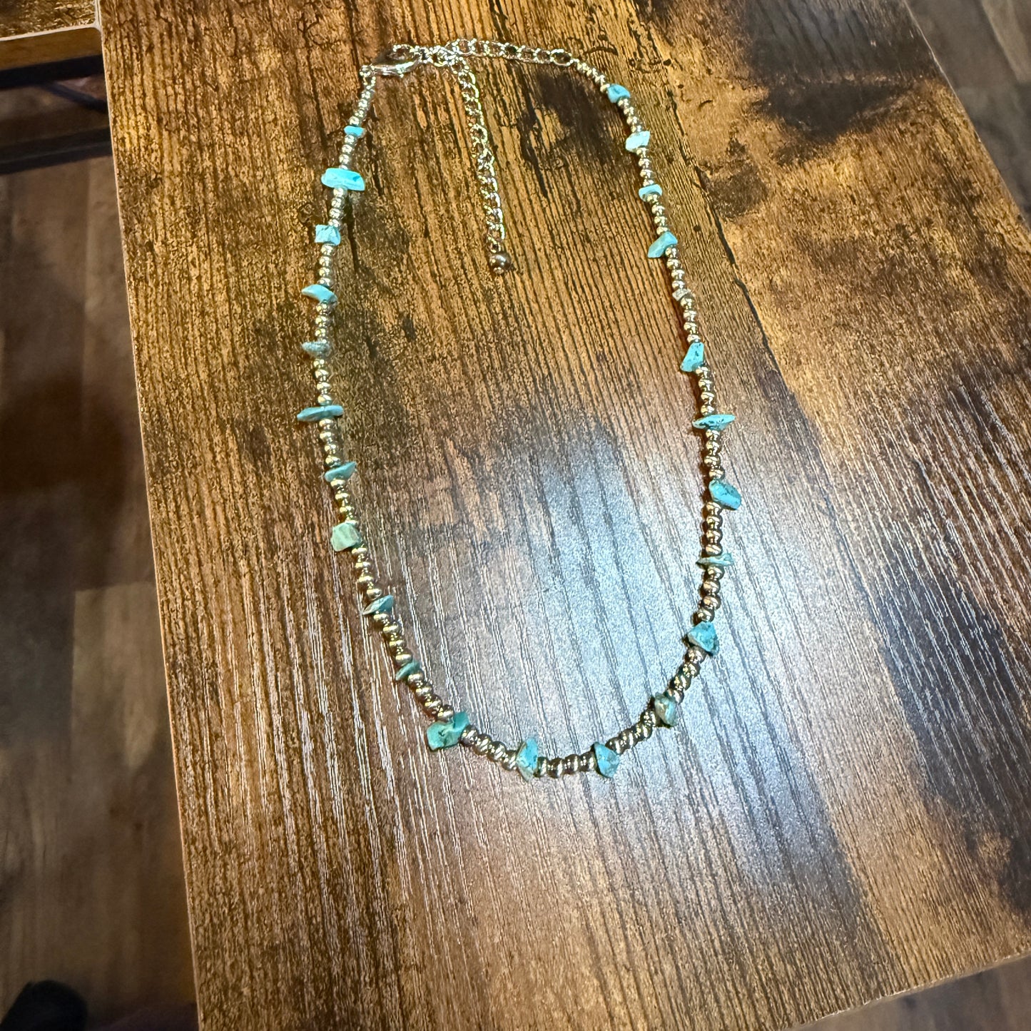 Handmade Navajo Style Turquoise Chip Necklace With Silver Tone Beads 16 To 21 Inches
